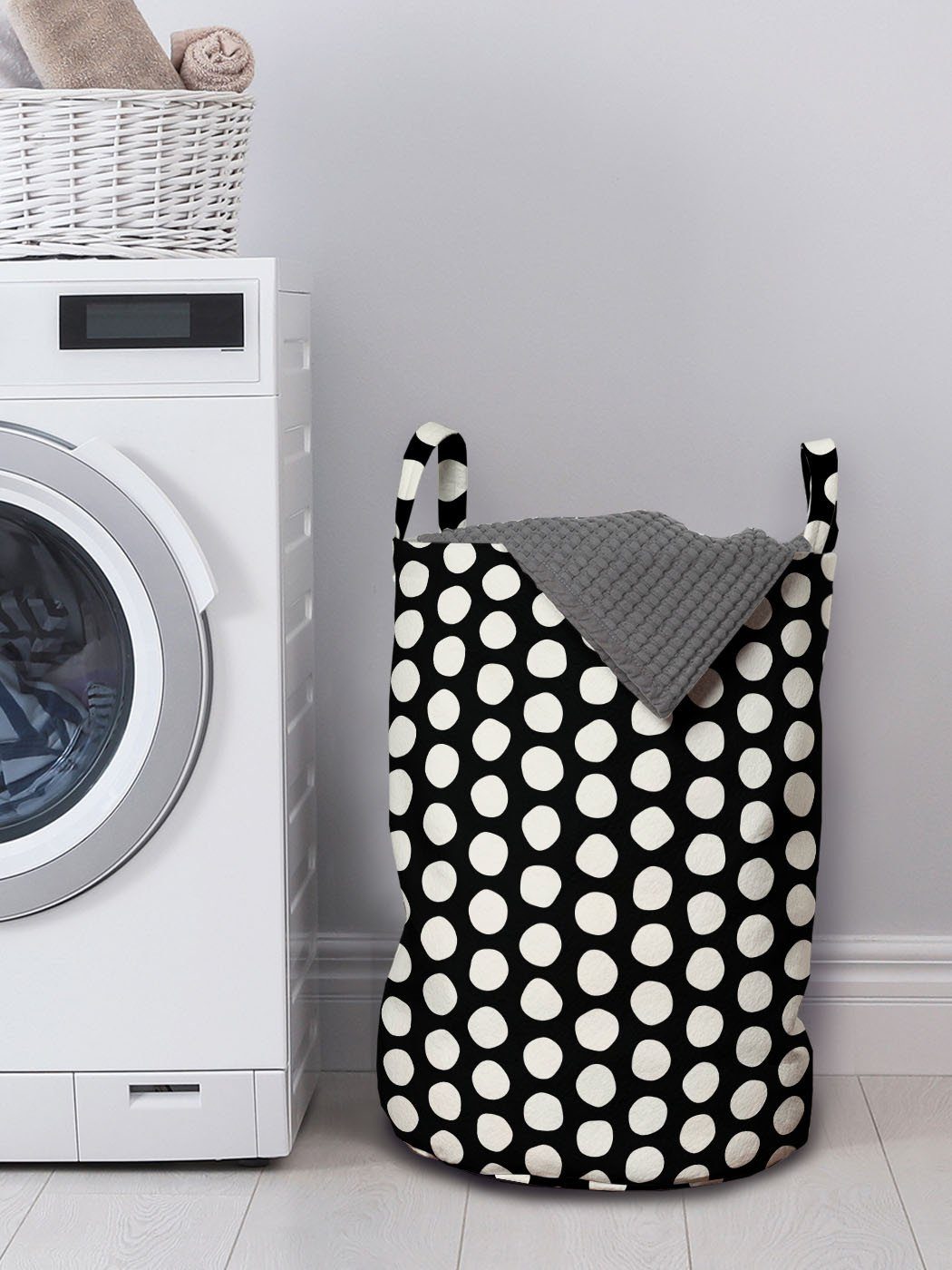 Abakuhaus Wäschesäckchen Wäschekorb mit Griffen für Jumble Grau Punktformen Waschsalons, und Kordelzugverschluss Elfenbein