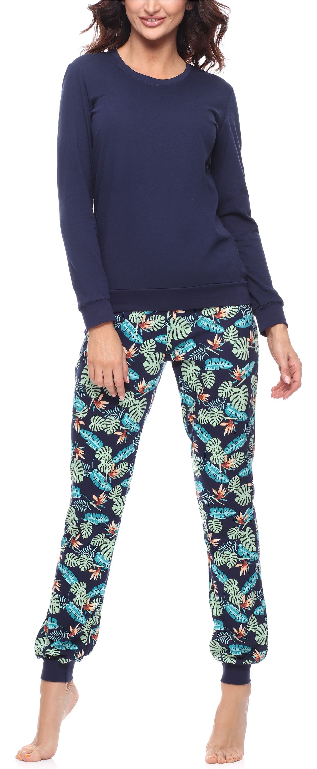 Merry Style Schlafanzug Damen Schlafanzug Zweiteiler Pyjama lang bunt mit Muster MS10-268 Marineblau/Blätter