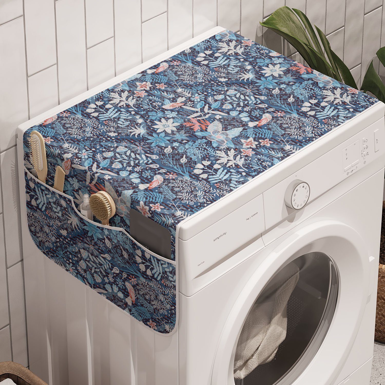 Abakuhaus Badorganizer Anti-Rutsch-Stoffabdeckung für Waschmaschine und Trockner, Jacobean Oriental Blütenblätter auf Streifen