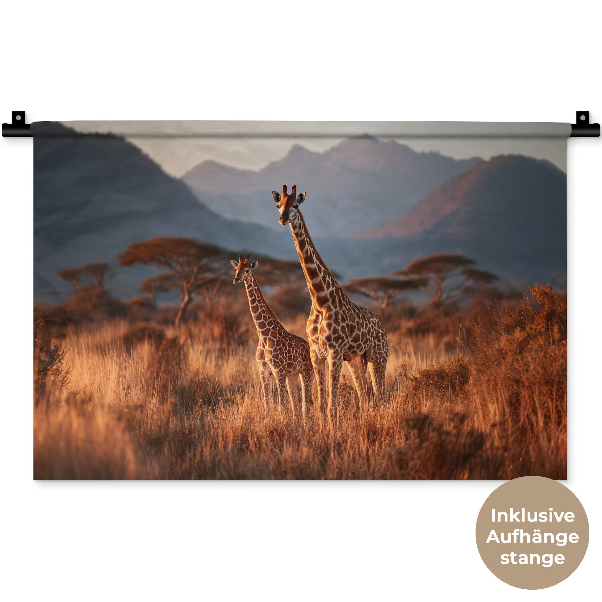 MuchoWow Wandteppich Giraffen - Hohes Gras - Akazienbäume, Rechteckig, Höhe: 3 mm, Wandteppich für Wohnzimmer, Schlafzimmer, 60x40 cm