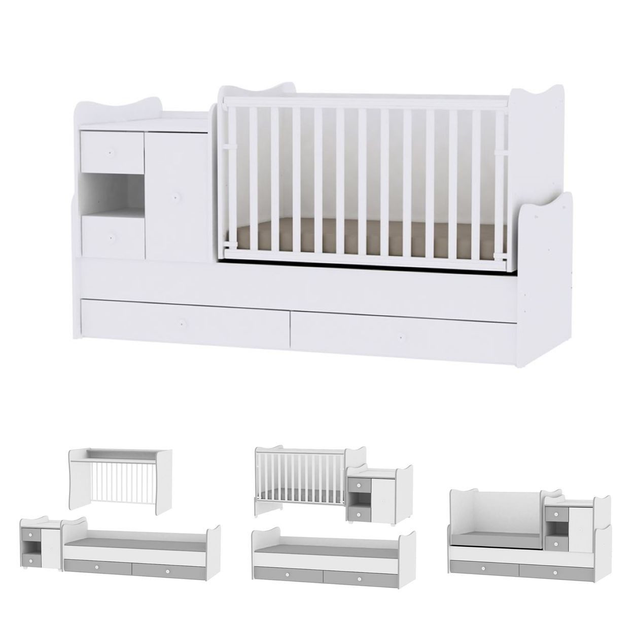 Lorelli Komplettbett Mini Max 3 in 1, 120 x 60 cm, Jugendbett 190 x 72 cm, Wickelkommode, Schaukelfunktion