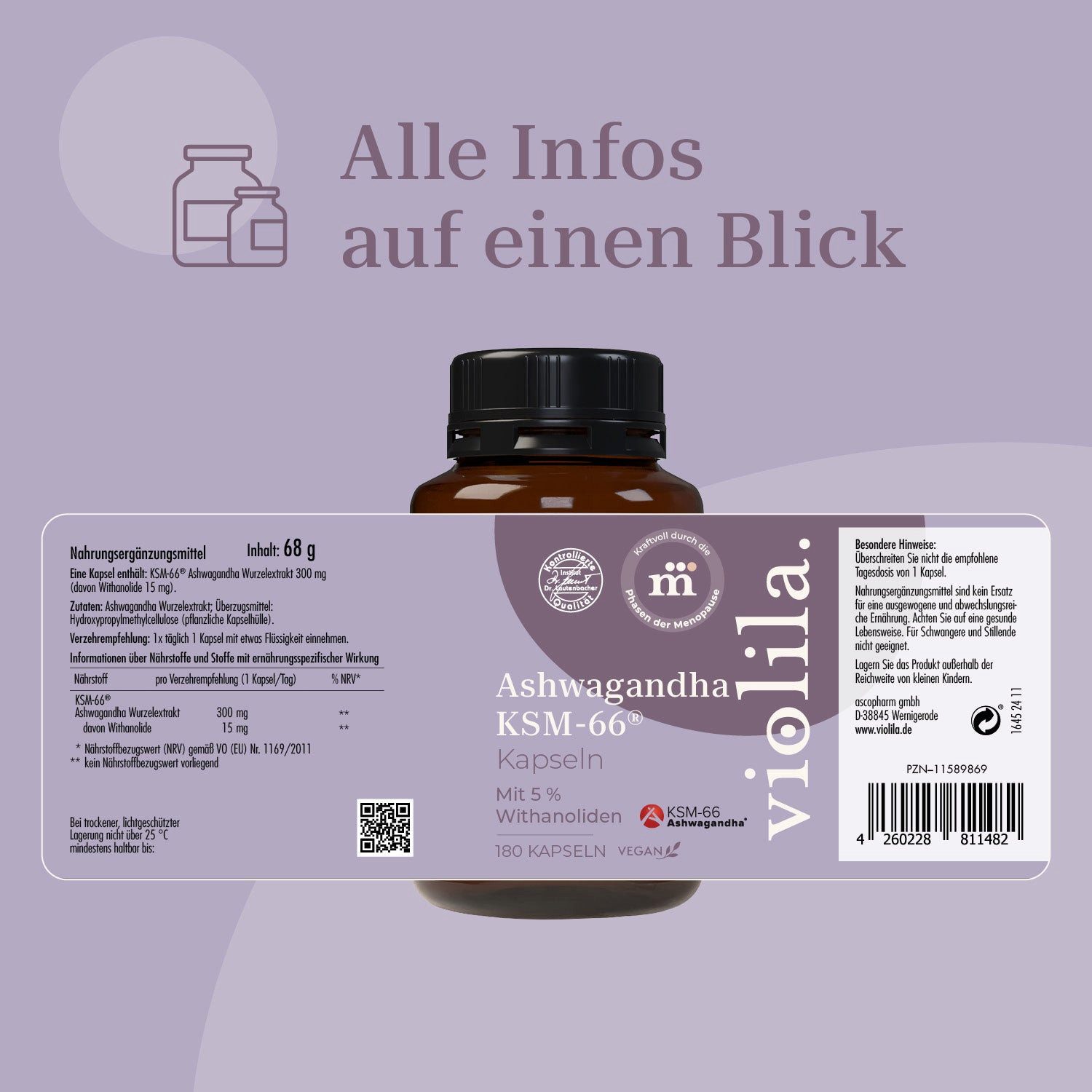 Ascopharm violila Ashwagandha KSM-66® Kapseln, 180 vegane Kapseln 1, 1 er