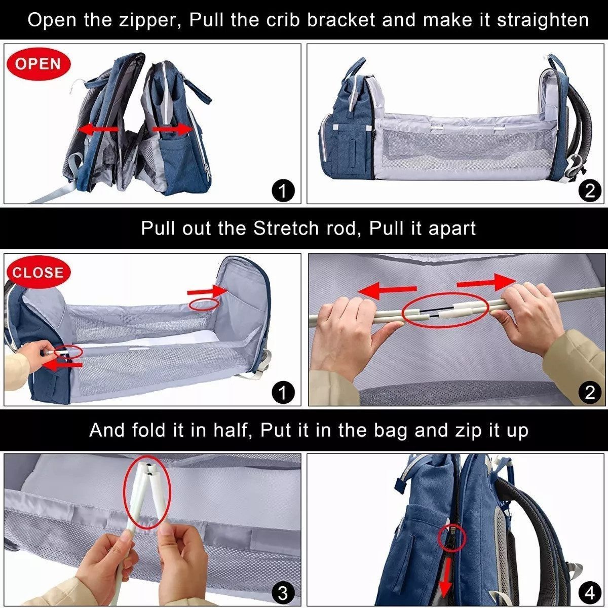 Vivitar Wickeltasche mit Tragbarem Reisebett, Große Kapazität und Isolierten Fächern (Isolierte Fächer, Ergonomisch und Robust, 4-in-1 multifunktionale Wickeltasche, Große Kapazität, Viele Fächer mit Isolierter Flaschentasche, 3-tlg), Langlebiger, Wasserabweisender Babyrucksack für Mama und Papa