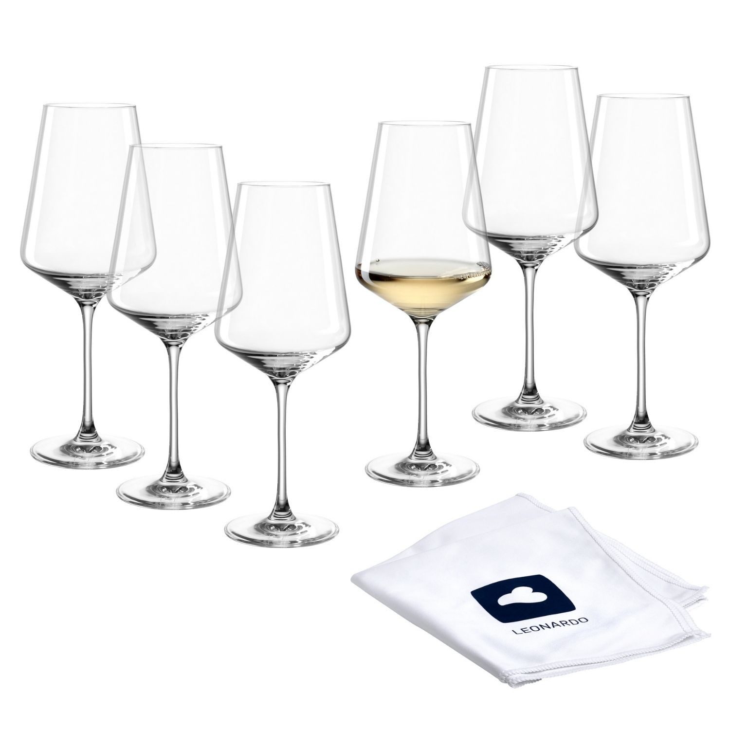 LEONARDO Weißweinglas Gläser-Set PUCCINI + Poliertuch, 7-teilig, 7-tlg., Kristallglas, 6 Weisswein Gläser, 560 ml, mit Poliertuch