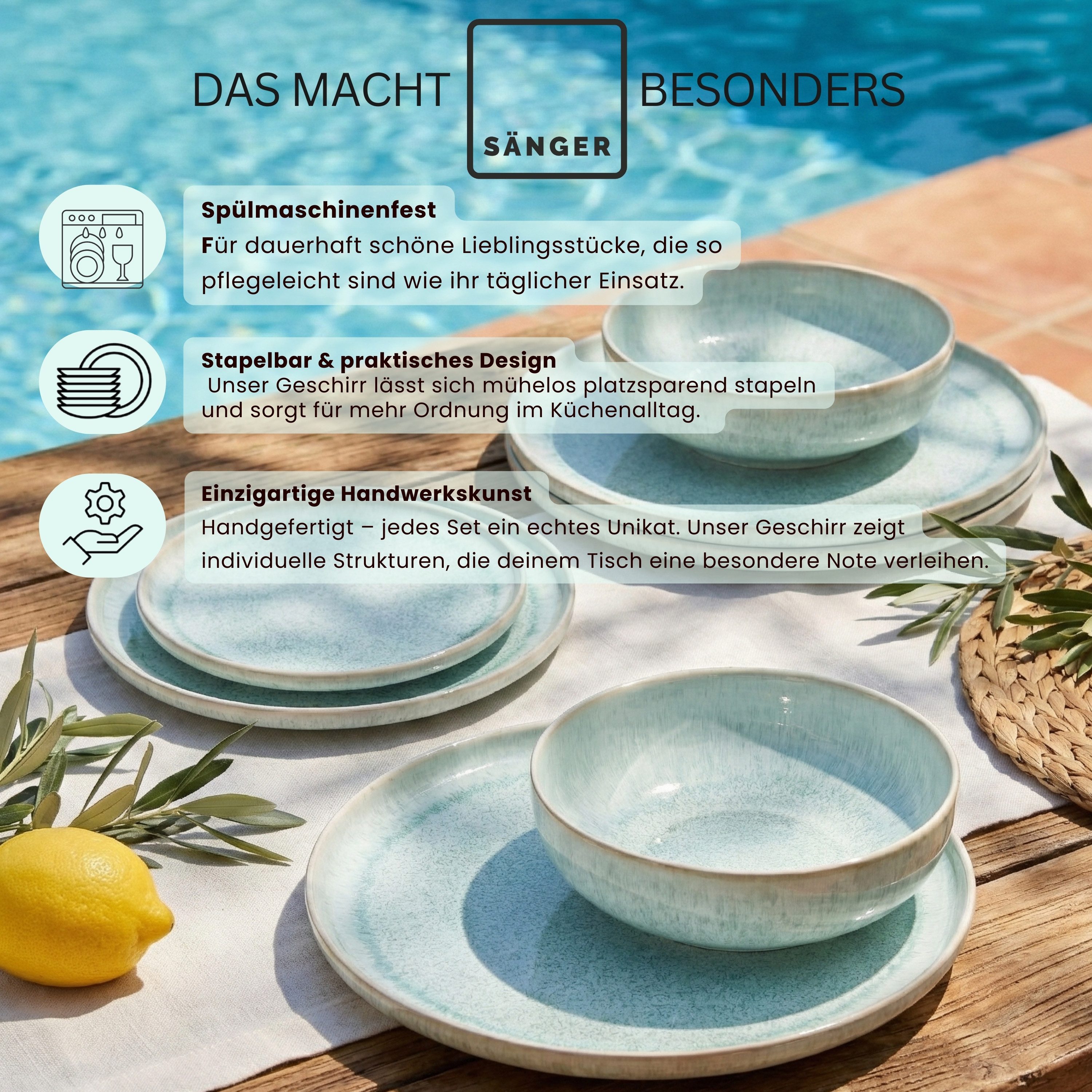 SÄNGER Tafelservice Paros (12-tlg), 4 Personen, Steingut, Blau Türkis, Handmade Premium Collection – Bild 4 von 5
