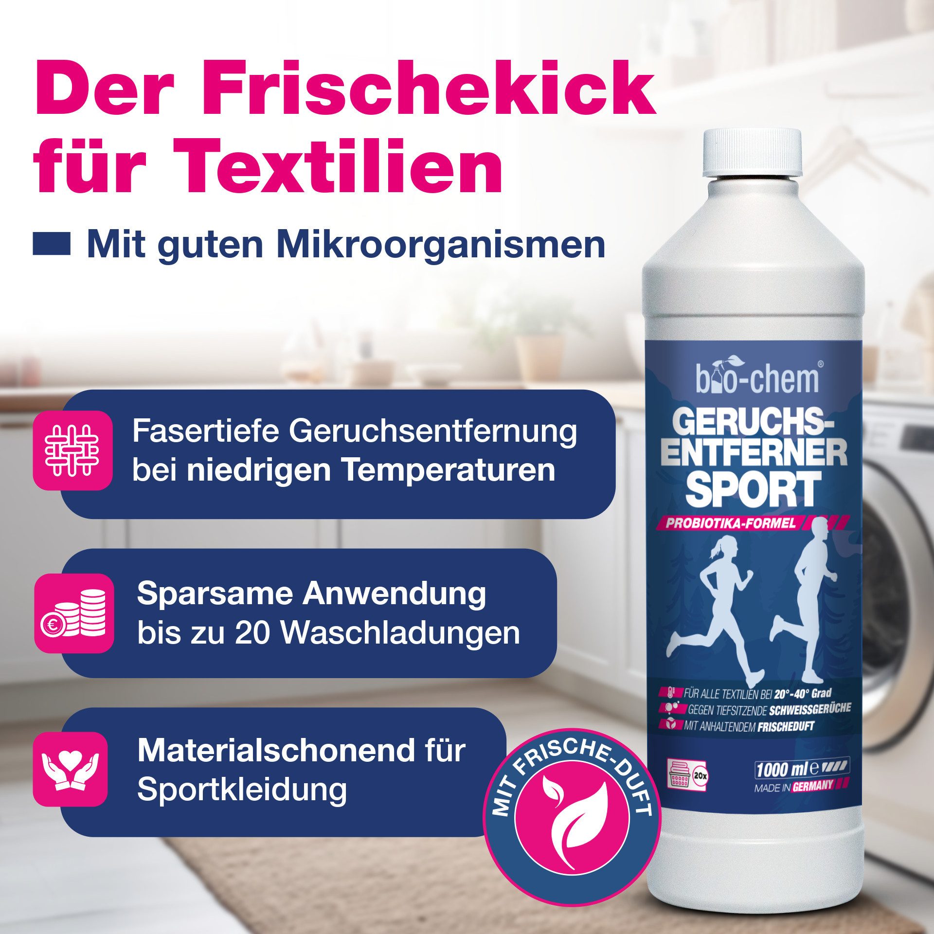 bio-chem Textilerfrischer Geruchsentferner & Wäscheduft Sport 1 L - Probiotischer Waschzusatz (Geruchsentferner Sport 1 L + Dosierbecher)
