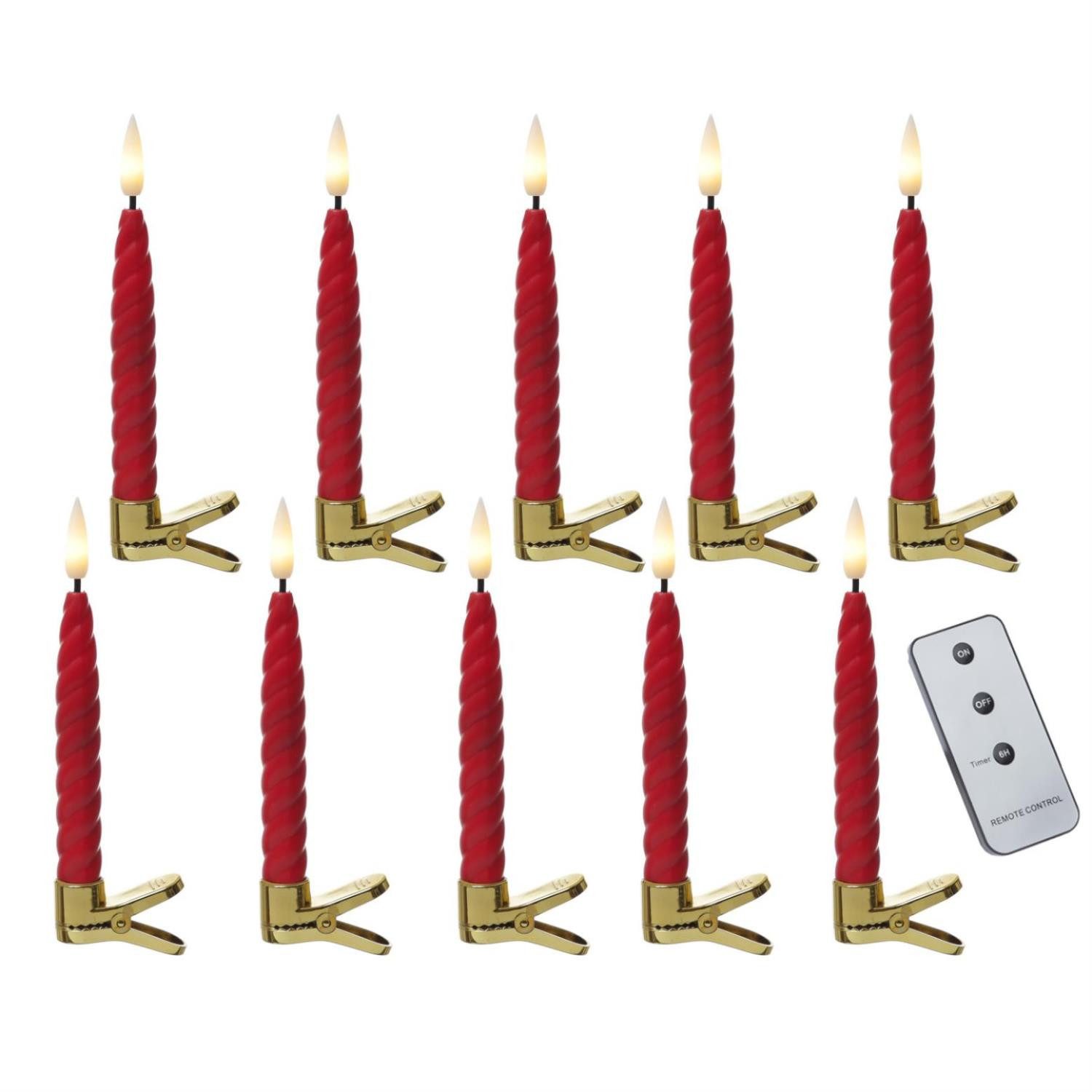 MARELIDA LED-Christbaumkerzen TWIST 10 gedrehte Baumkerzen mit Clip Baumbeleuchtung kabellos Fernb, 10-flammig