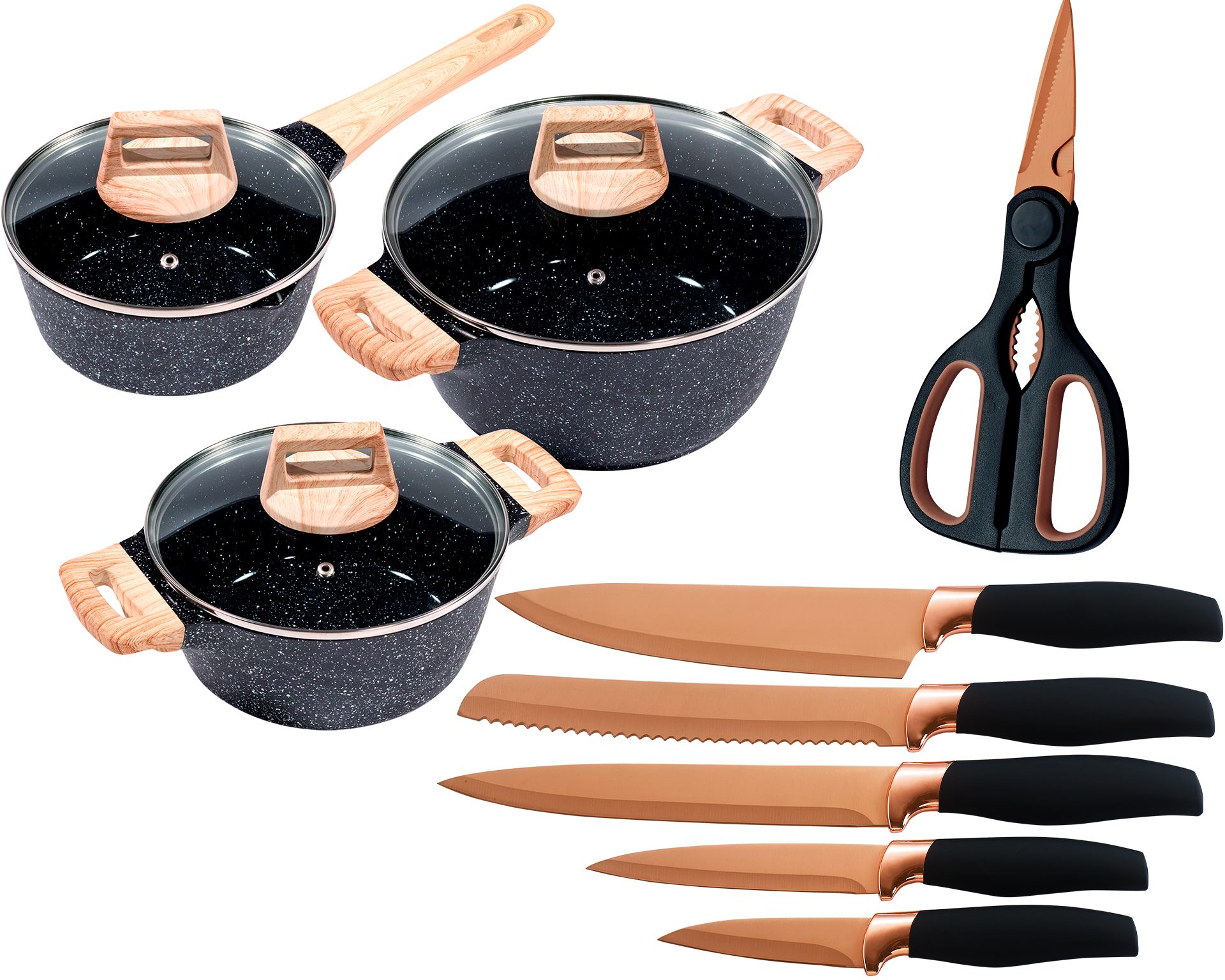 KING Topf-Set »ESSENTIAL« Aluminiumguss, Induktion, Antihaftbeschichtung, Aluminiumguss (Set, 12-tlg., 2 Töpfe, 1 Stieltopf, 3 Glasdeckel), inkl. 5 Küchenmesser, 1 Schere