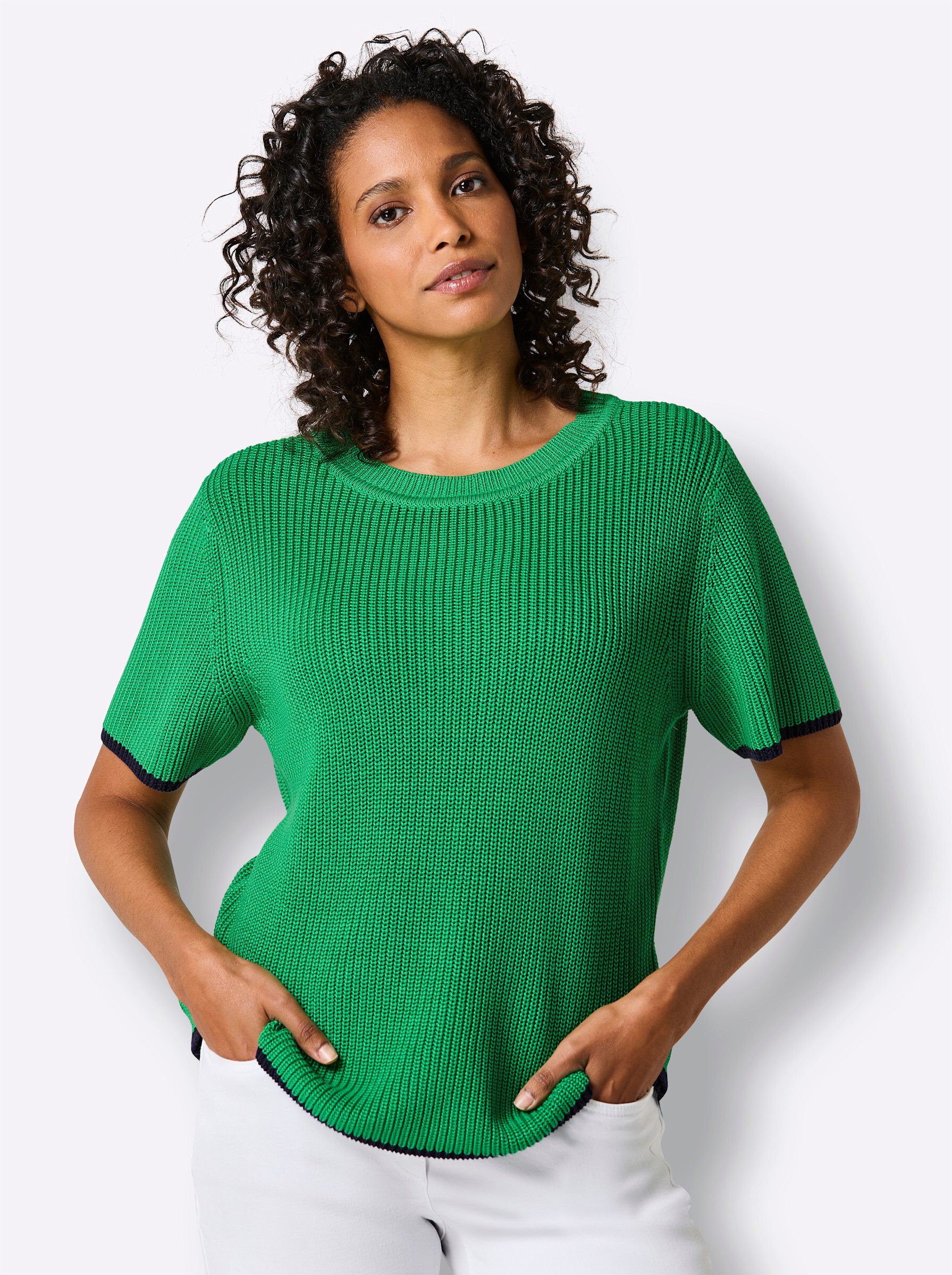 creation L T-Shirt Lyocell-Baumwoll-Pullover Kurzarm Rippoptik