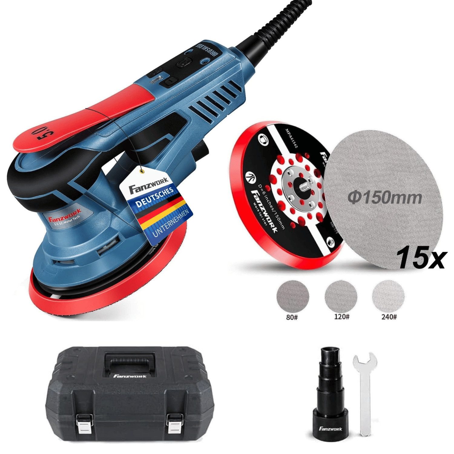 Fanzwork Exzenterschleifer 350W bürstenloser EC-Motor mit 150mm Schleifteller, Vibrationsarm, Vibrationsarm und wartungsfrei