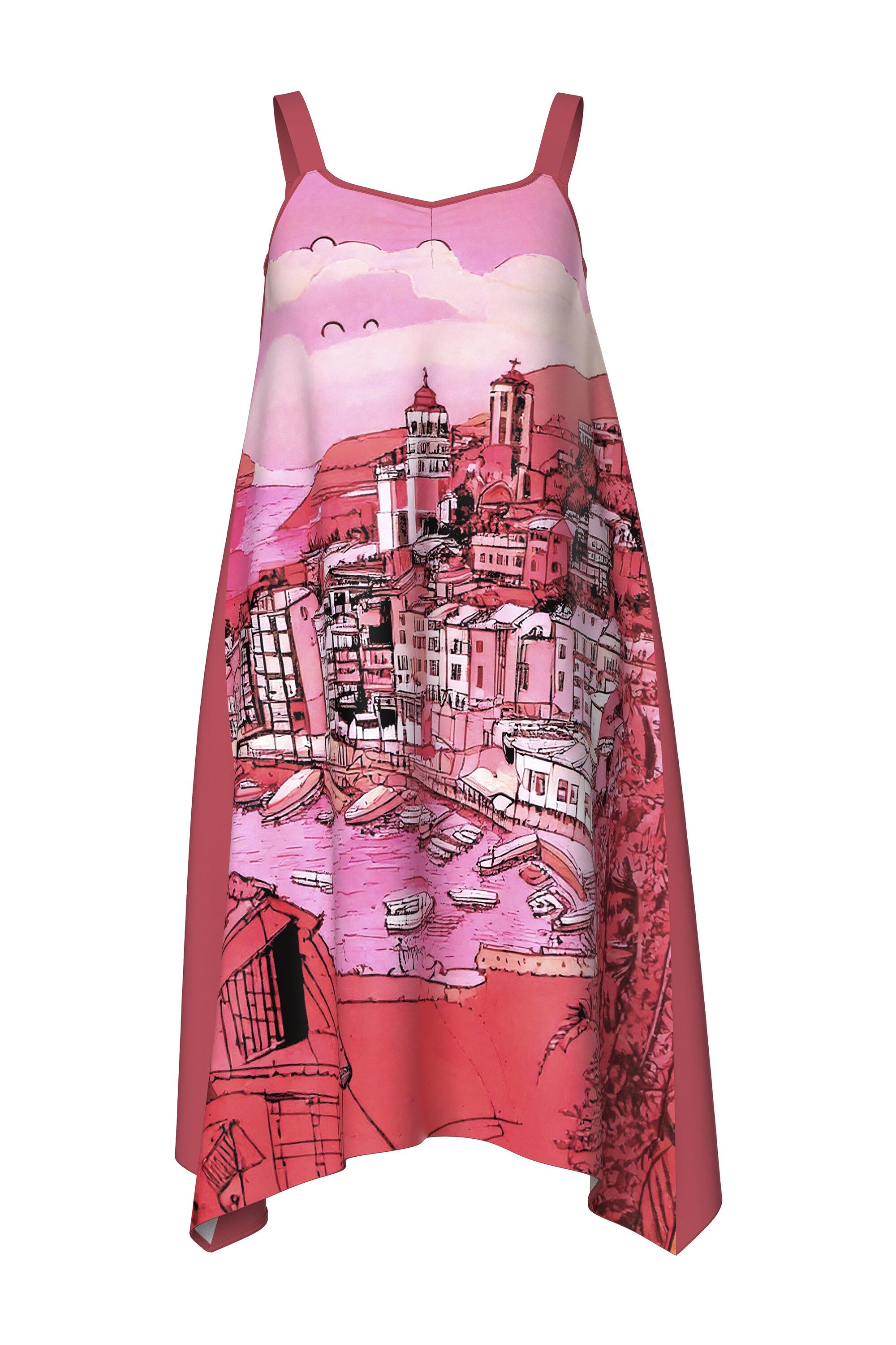 Strandkleid Kleid Urlaubsmotiv A-Linie V-Ausschnitt ärmellos