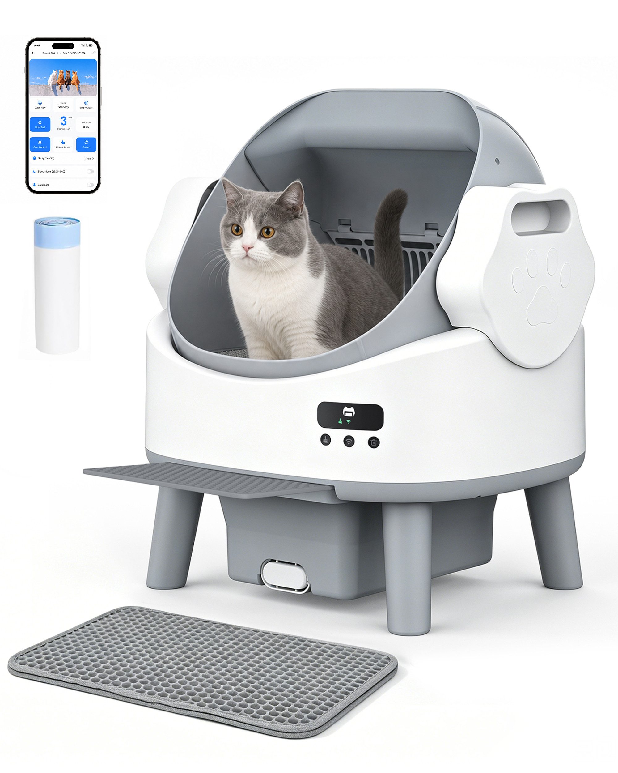 Rebonique Katzentoilette Selbstreinigende Katzentoilette XL mit App, bis 10 kg, inkl. Treppe, Duftspender, Katzenmatte, Müllbeutel, Sensorsystem, Leiser Betrieb