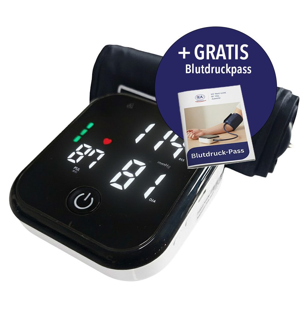 IEA Medical Oberarm-Blutdruckmessgerät ZK-B882, kratzfestes LED-Display, 2x99 Speicher, inkl. Blutdruckpass, Arrhythmie-Warnung, Ampel-Farbskala, Manschette 22-42cm