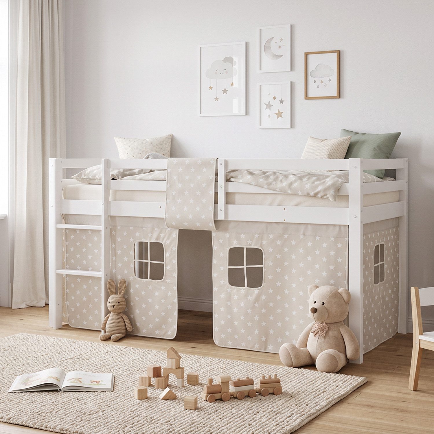 Homestyle4u Hochbett Kinder 90x200 cm Weiß mit Vorhang Sterne Grau Holz Kinderbett Mädchen mit Rausfallschutz, ohne Lattenrost, Jungen Mädchen