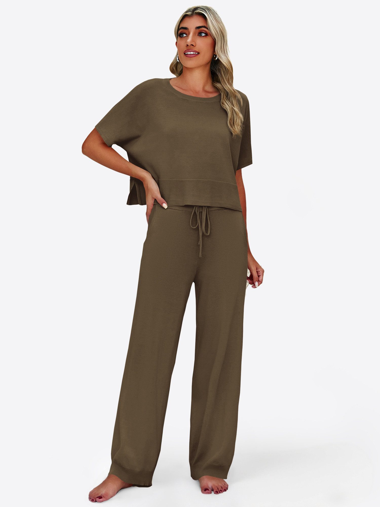 Imily Bela Hausanzug Damen 2-teilige Pullover-Sets (Set, 2 tlg., Strick-Crop-Tops mit Schlitz + High-Waist-Hosen) Volltonfarbe