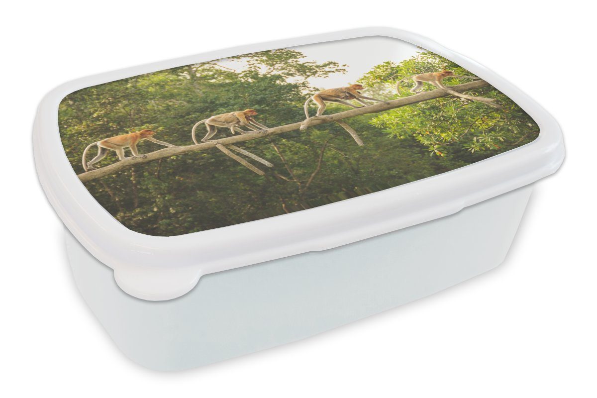 MuchoWow Lunchbox Affen laufen auf Ast, Kunststoff, (2-tlg), Brotbox für Kinder und Erwachsene, Brotdose, für Jungs und Mädchen weiß