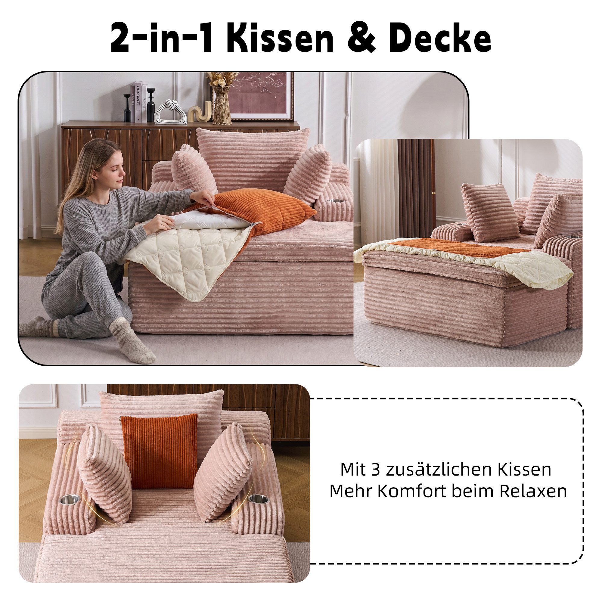 Vankel Schlafsofa Cord Relaxsofa mit 4 Kissen, 1 Kissen als Decke nutzbar, Bequemes Bodensofa mit Deckenfunktion, ohne Montage & flexibel nutzbar