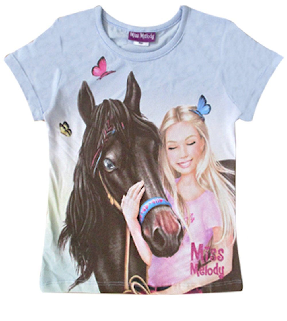 Miss Melody T-Shirt Miss Melody T-Shirt Reiterin Pferd Schmetterlinge hellblau (1-tlg)