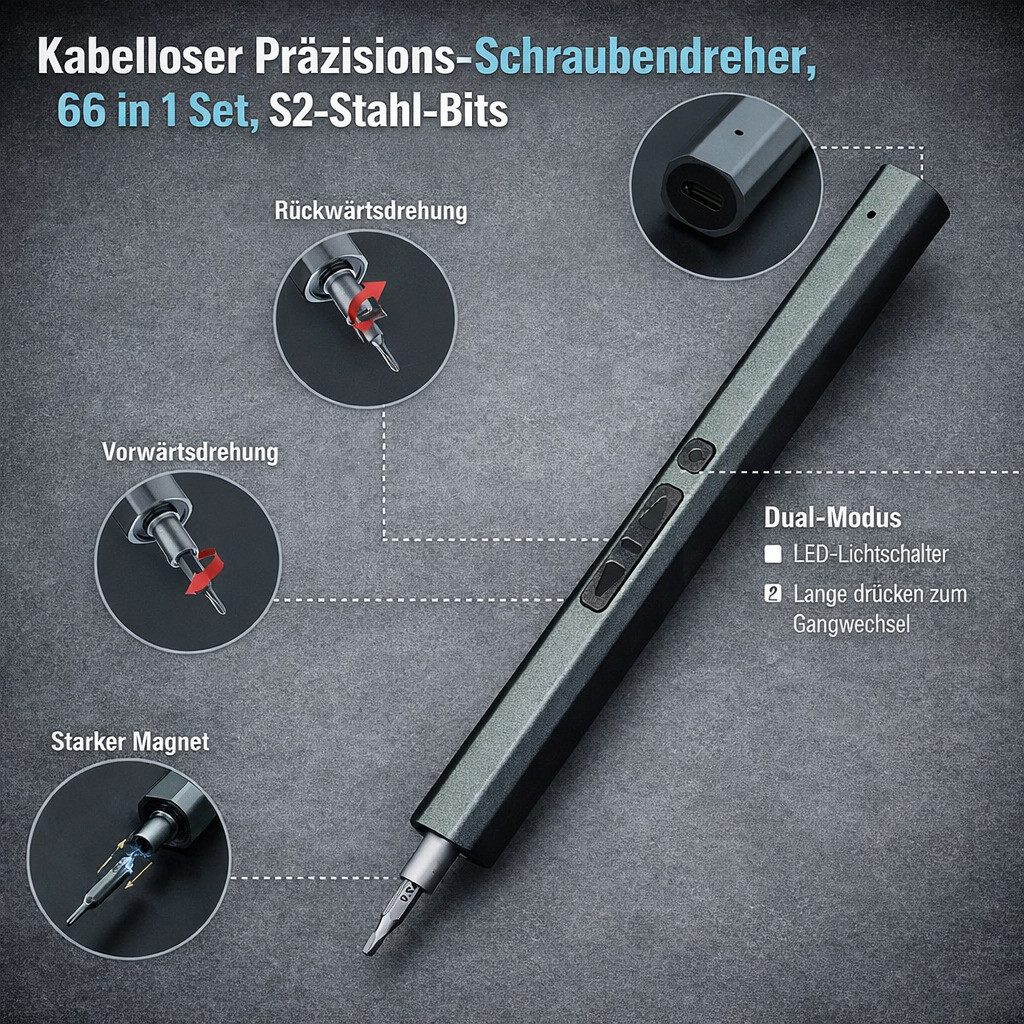 COOL-i ® Elektro-Schraubendreher 66-in-1 Elektrischer Schraubendreher,Präzisionsschraubendreher-Set, 200,00 U/min, 3,00 Nm, mit 64 S2-Stahlbits und LED-Arbeitsl – Bild 4 von 5