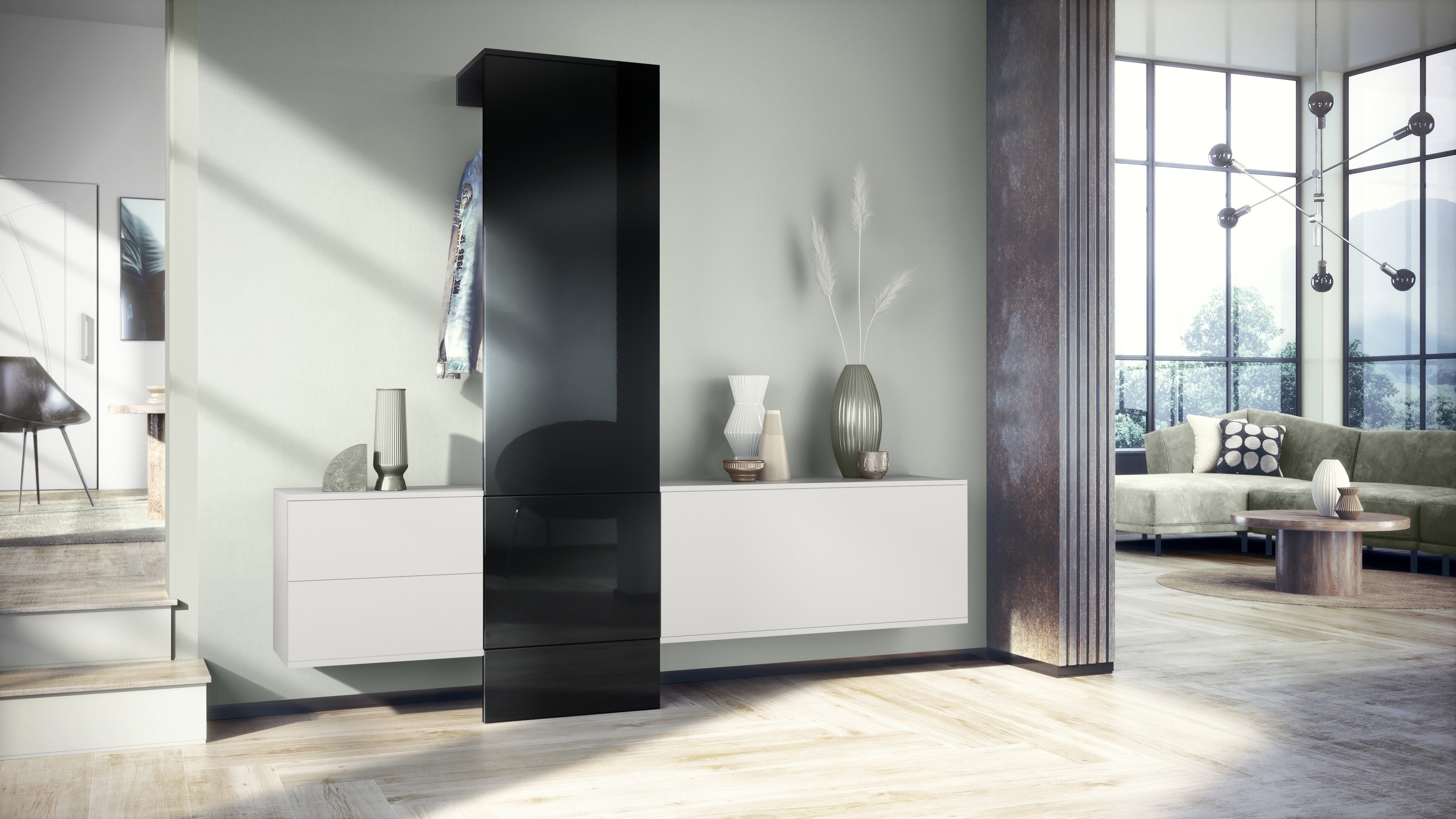 Vladon Garderoben-Set DualVista, (Garderoben-Set, bestehend aus 1 Garderobenpaneel, 2 Schrank Elementen und 2 Spiegel), Weiß matt/Schwarz Hochglanz
