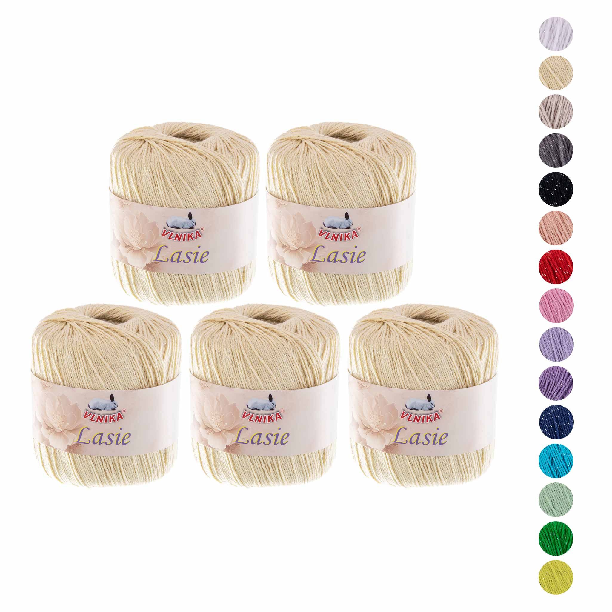 VLNIKA 5 x 50g Strickgarn Lasie Glitzereffekt Häkelgarn Sommergarn Häkelwolle, 750 m (Sparpaket (5 Knäuel je 50g), creme