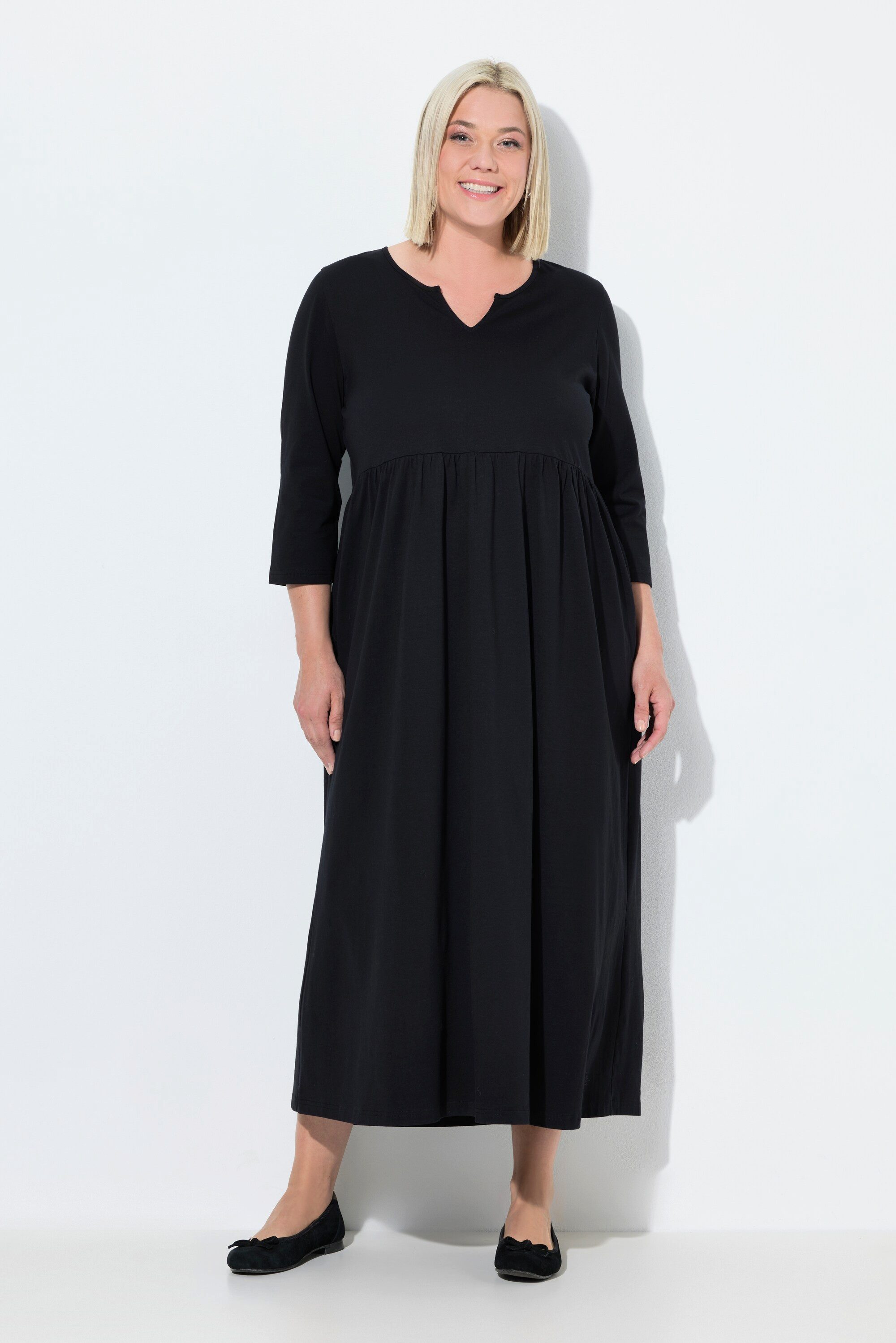 Ulla Popken Maxikleid Jerseykleid A-Linie Tunika-Ausschnitt 3/4-Arm günstig online kaufen