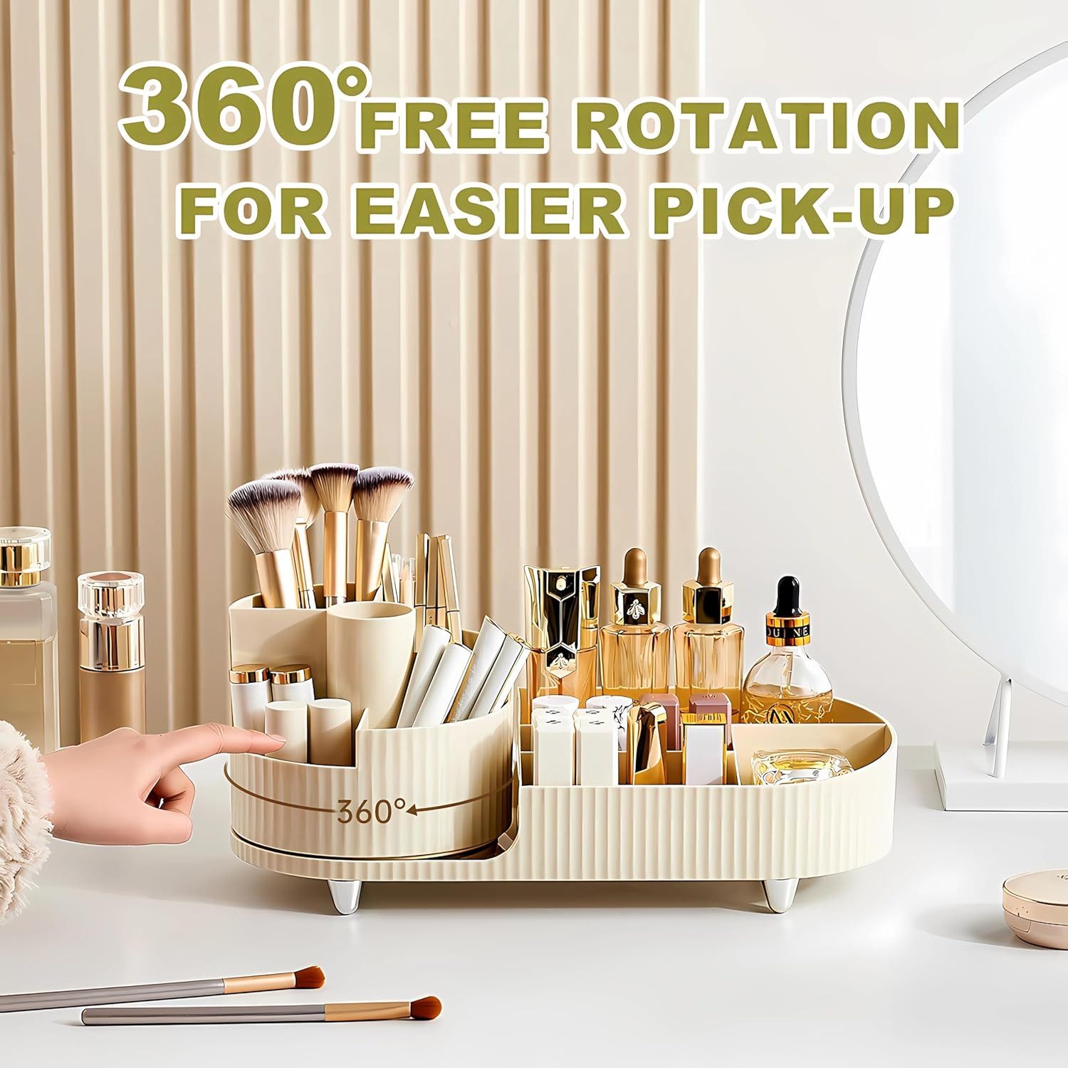 FELIXLEO Make-Up Organizer Make up Organizer 360 Drehbar Beige mit Pinsel Reiniger Großer, 1-tlg. – Bild 4 von 5