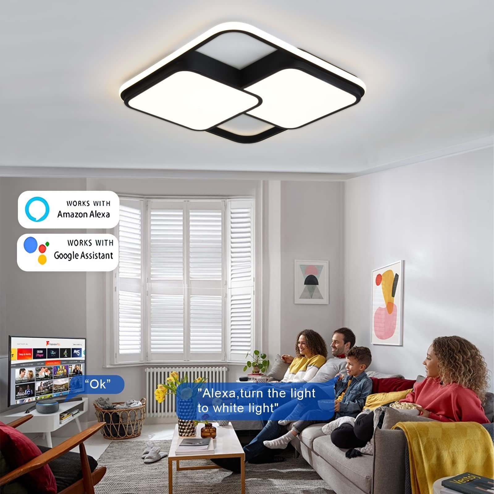 LED Schlafzimmer,Wohnzimmer Kaltweiß, Dimmbar Deckenleuchte integriert, JDONG Google Warmweiß, Home 3000K-6500K, Neutralweiß, mit Alexa Fernbedienung Ø42CM, Eckig App für Schwarz Tageslichtweiß, fest Kompatibel LED mit Deckenleuchte