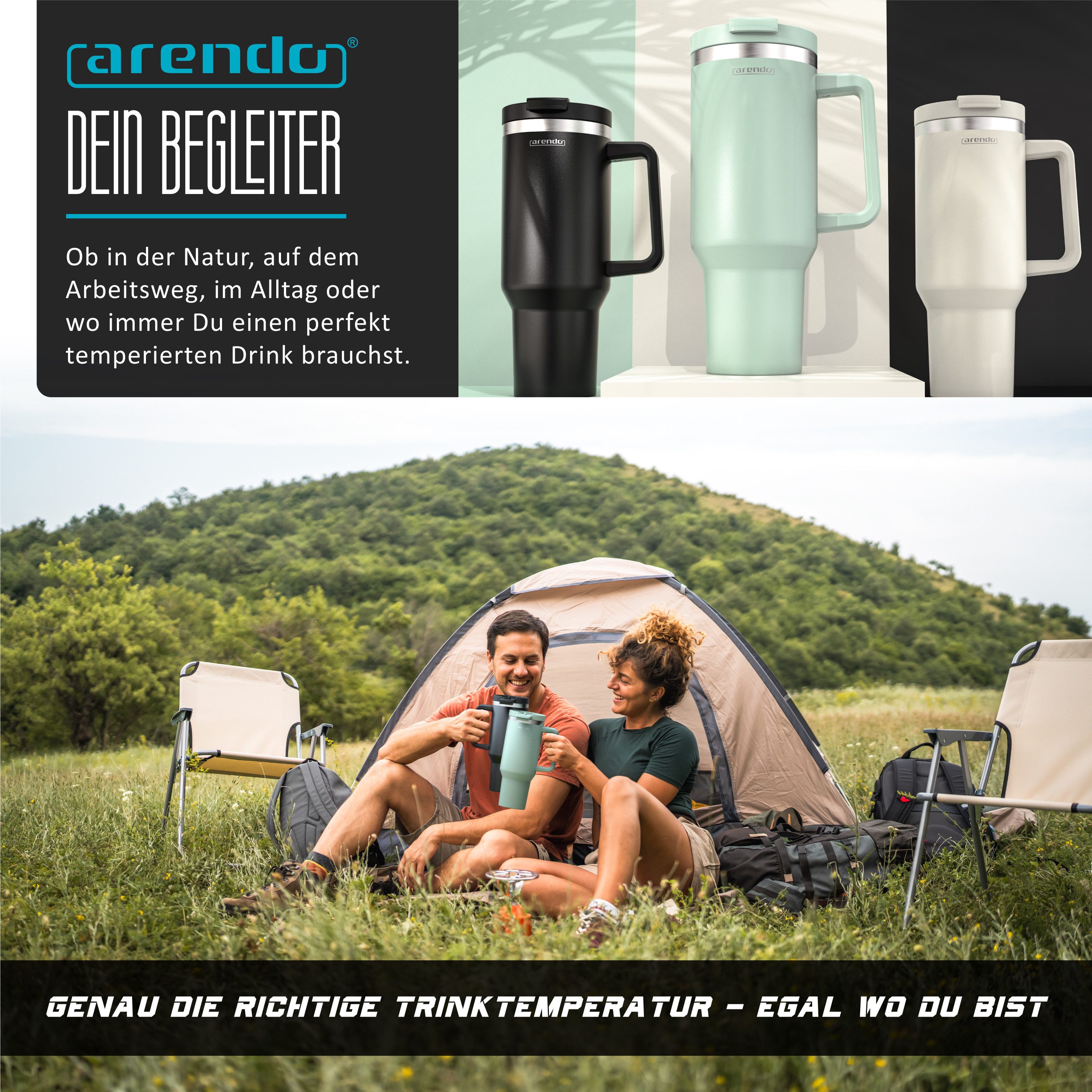Arendo Thermobecher Tumbler 1200 ml, Becher mit Deckel, Henkel und Strohhalm, Thermal Mug, 1-tlg., Edelstahl, kohlensäuregeeignet, auslaufsicher, doppelwandig,  – Bild 5 von 5