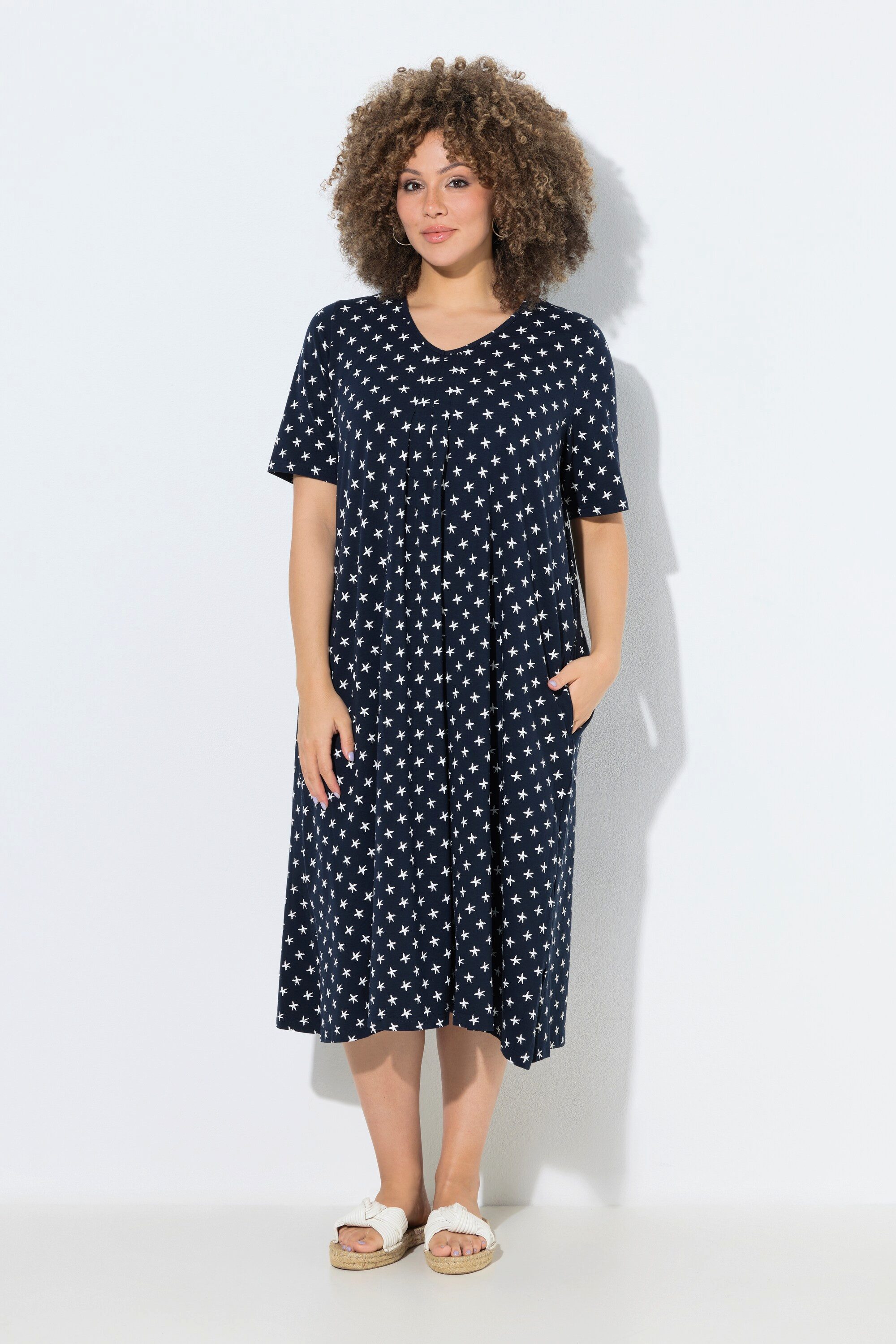 Ulla Popken Jerseykleid Midikleid Sterne V-Ausschnitt Halbarm Taschen