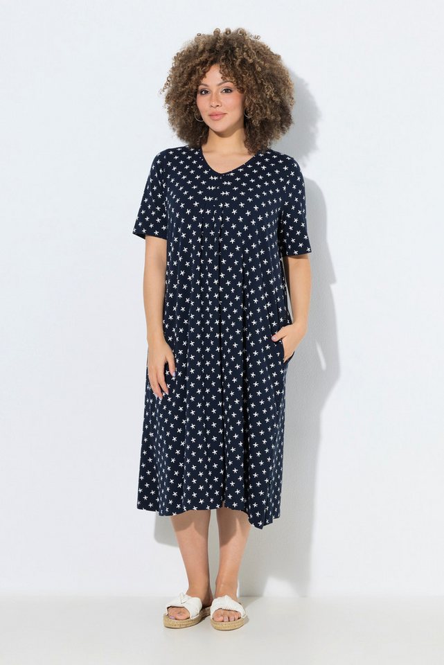 Ulla Popken Jerseykleid Midikleid Sterne V-Ausschnitt Halbarm Taschen