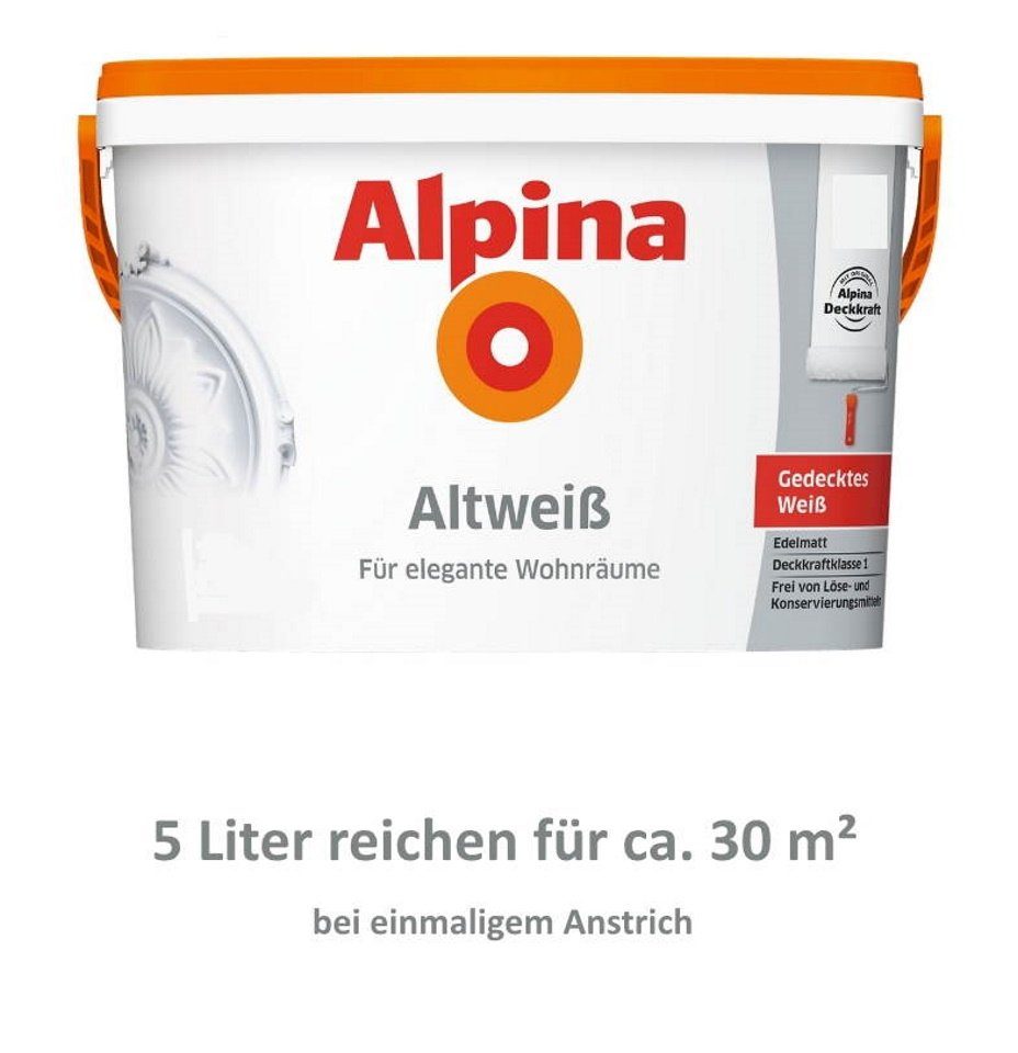 Alpina Wand- und Deckenfarbe Altweiß Innenfarbe gedecktes Weiß edelmatt 5 Liter