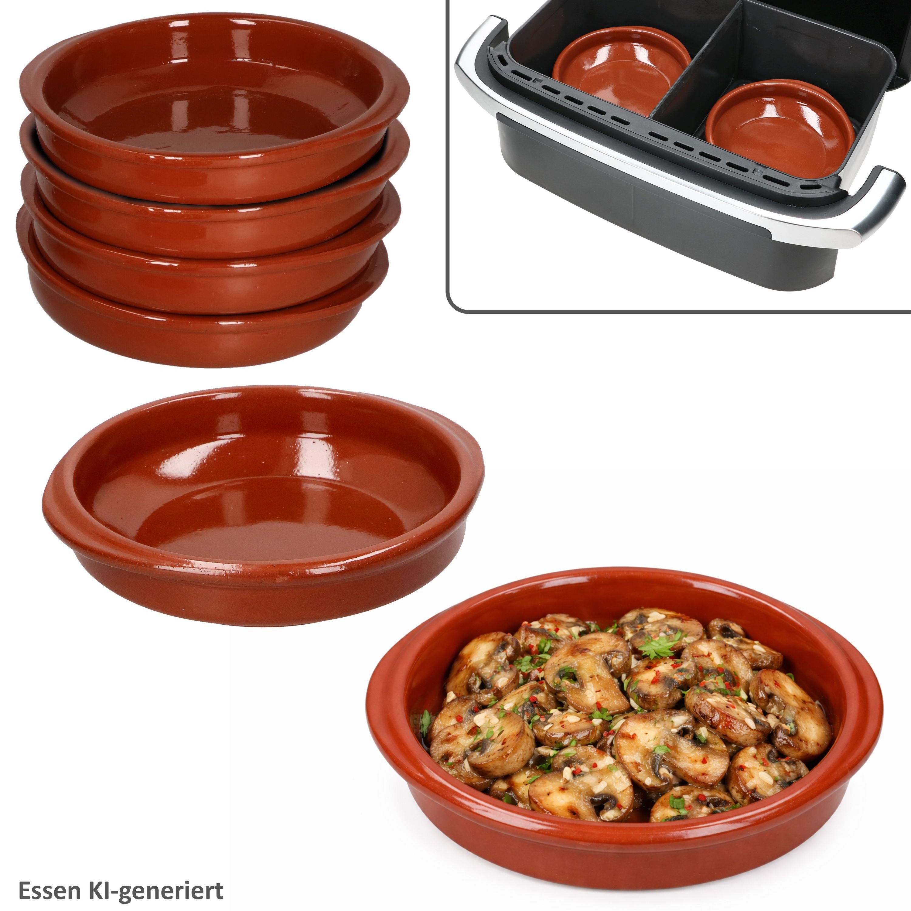 MamboCat Auflaufform MamboCat 6er Set Airfryer Tonschalen rund mit Griffen Ø16cm Cazuela, Ton