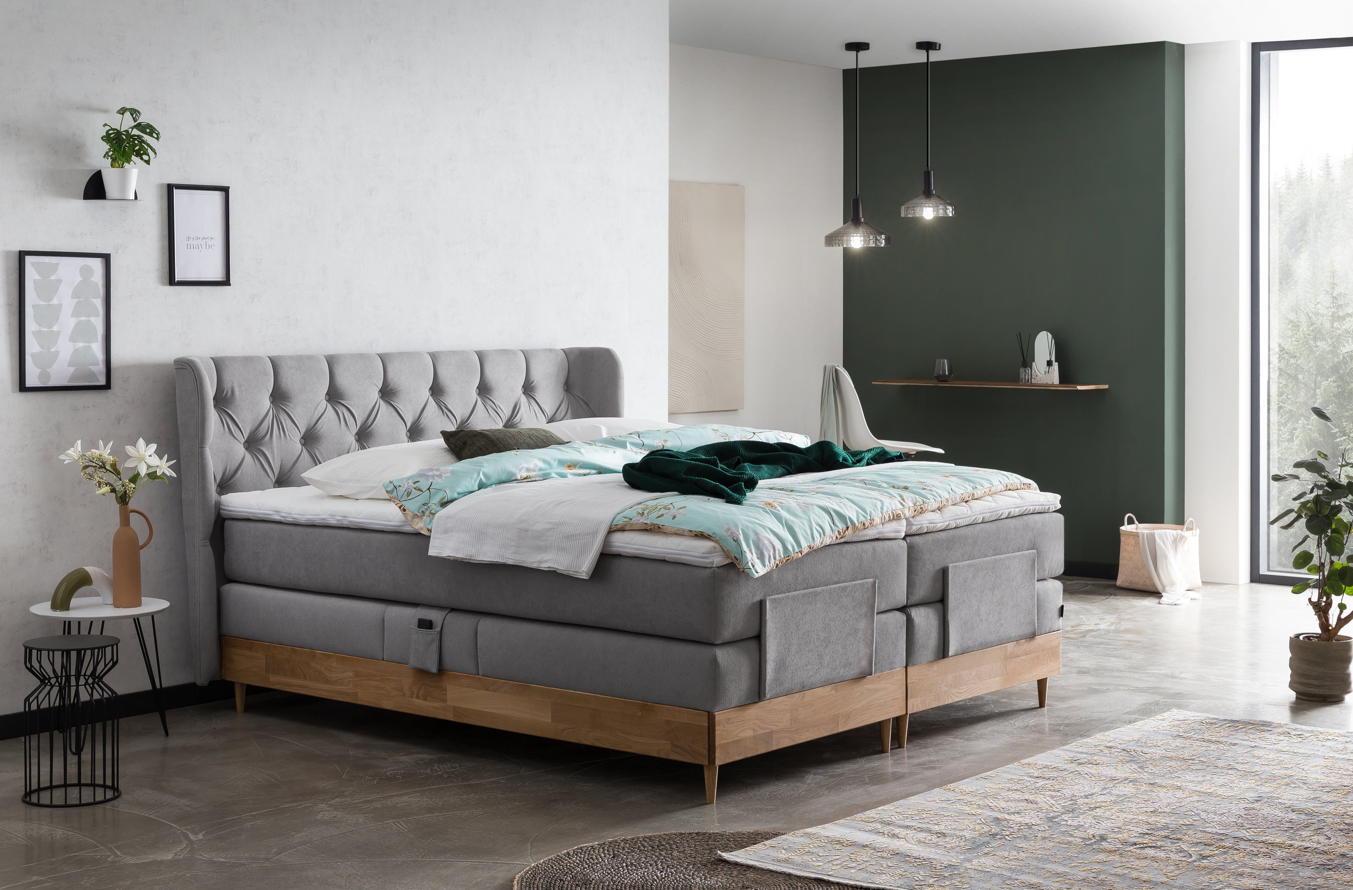 Belanoti Boxspringbett EON (Boxspringbett 160x200 elektrisch verstellbar Bett 160x200 mit Motor, 7-Zonen Taschenfederkern Matratze inklusive Visco Topper), in der Farbe Hellgrau H2/H3 Polsterbett Motorbett mit Eiche