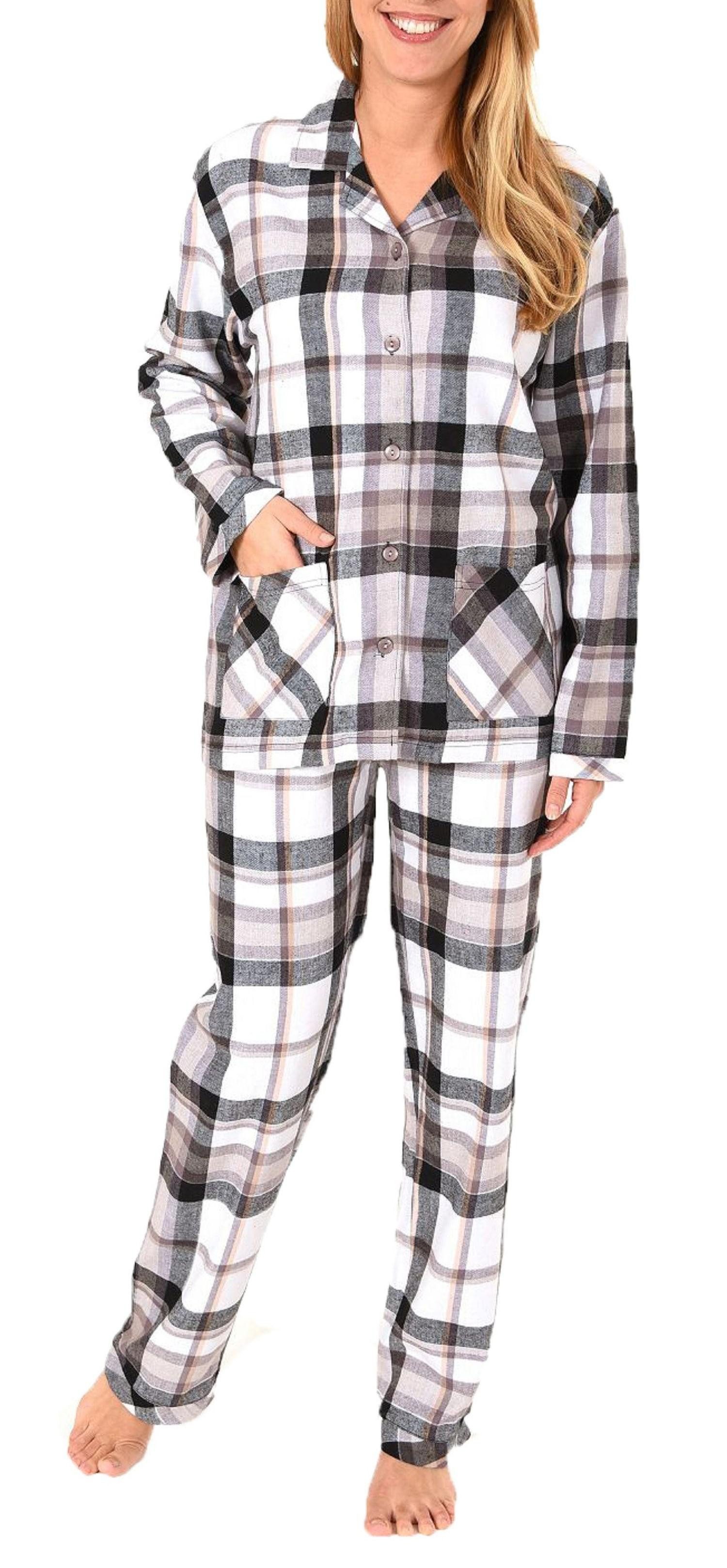 Normann Pyjama Damen Flanell Schlafanzug in edlen Karodesign - auch in Übergrößen