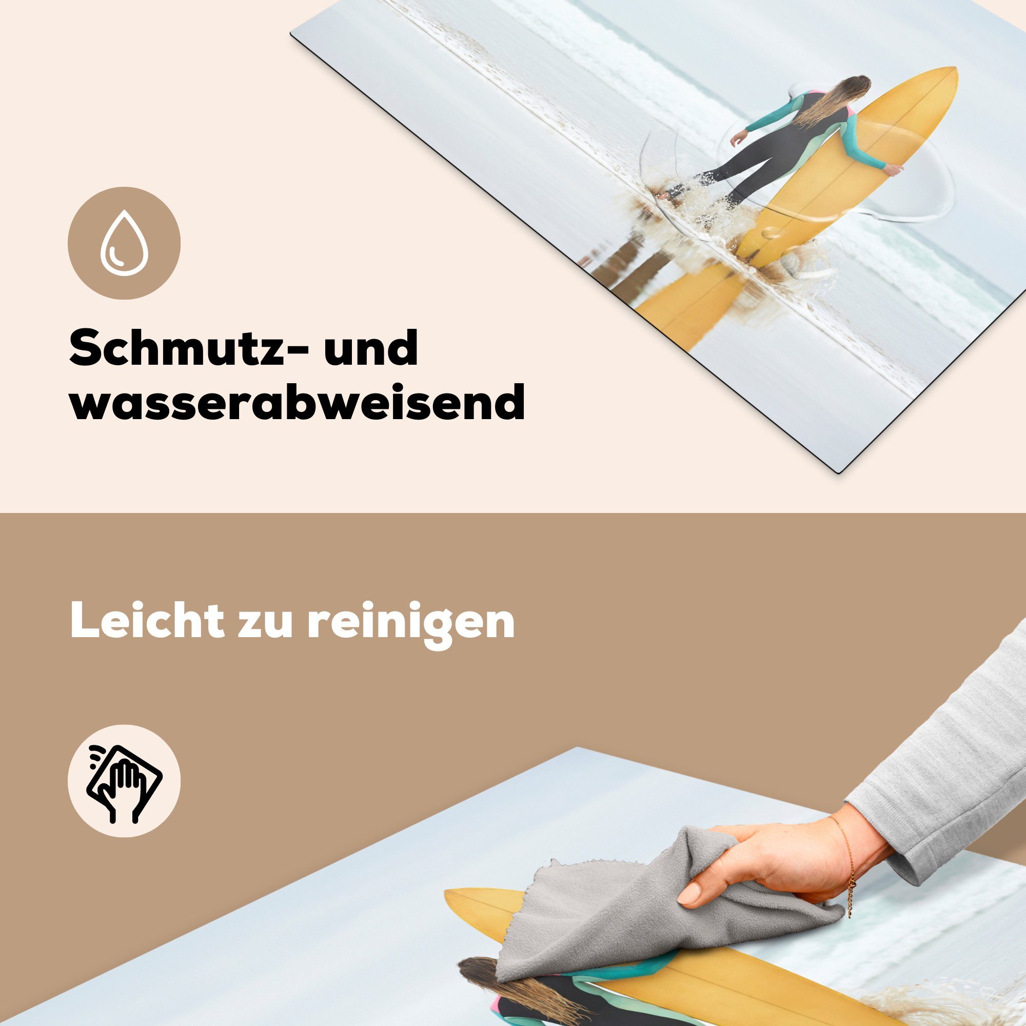 Schutz Weibliche Ceranfeldabdeckung küche, die Vinyl, Surferin Induktionskochfeld (1 Surfbrett, steht MuchoWow cm, dem neben 81x52 tlg), für Herdblende-/Abdeckplatte