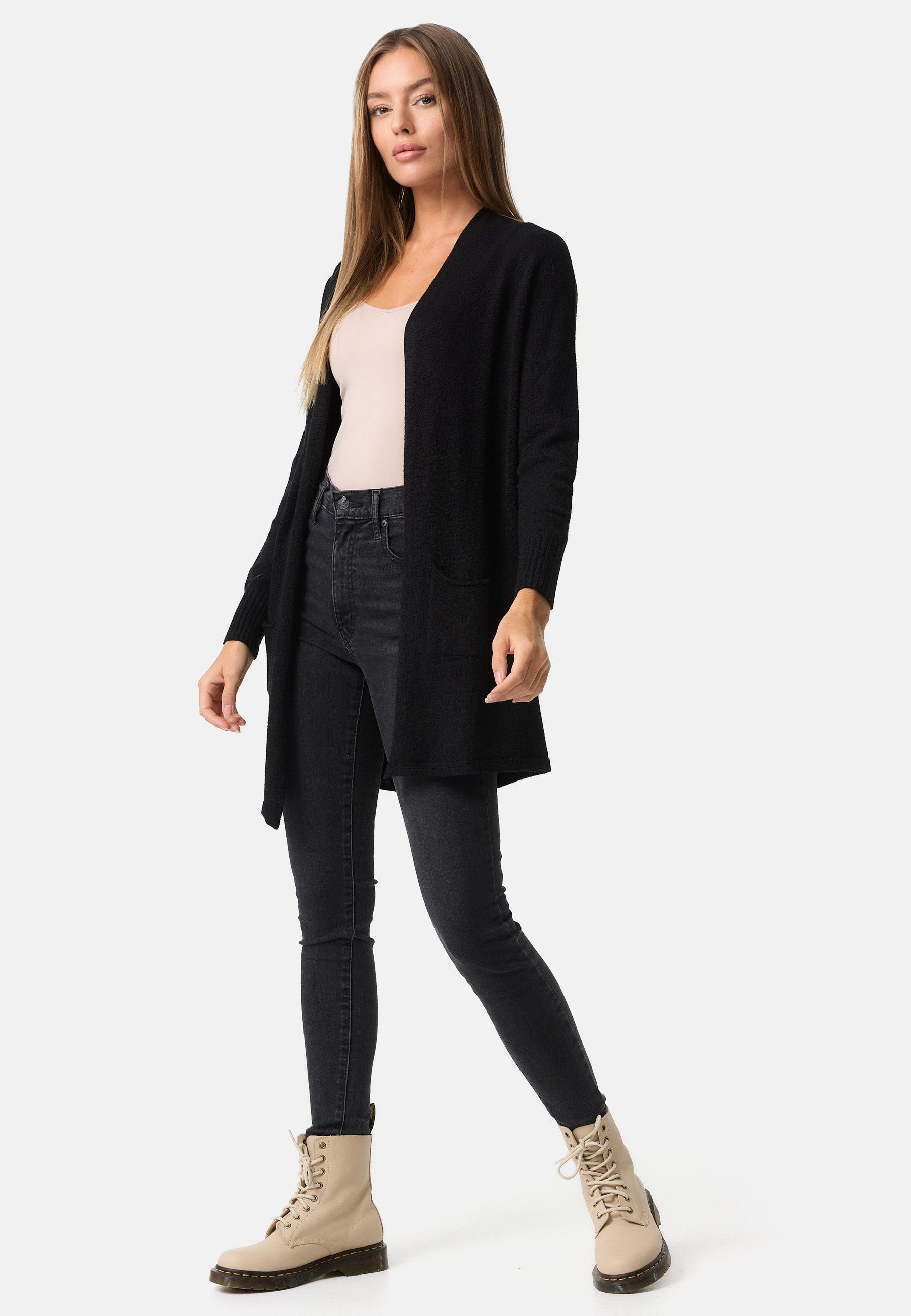 Taschen) Strickjacke Strickjacke SELECTED aufgesetzten Front PM73 Cardigan mit PM (Elegante Schwarz