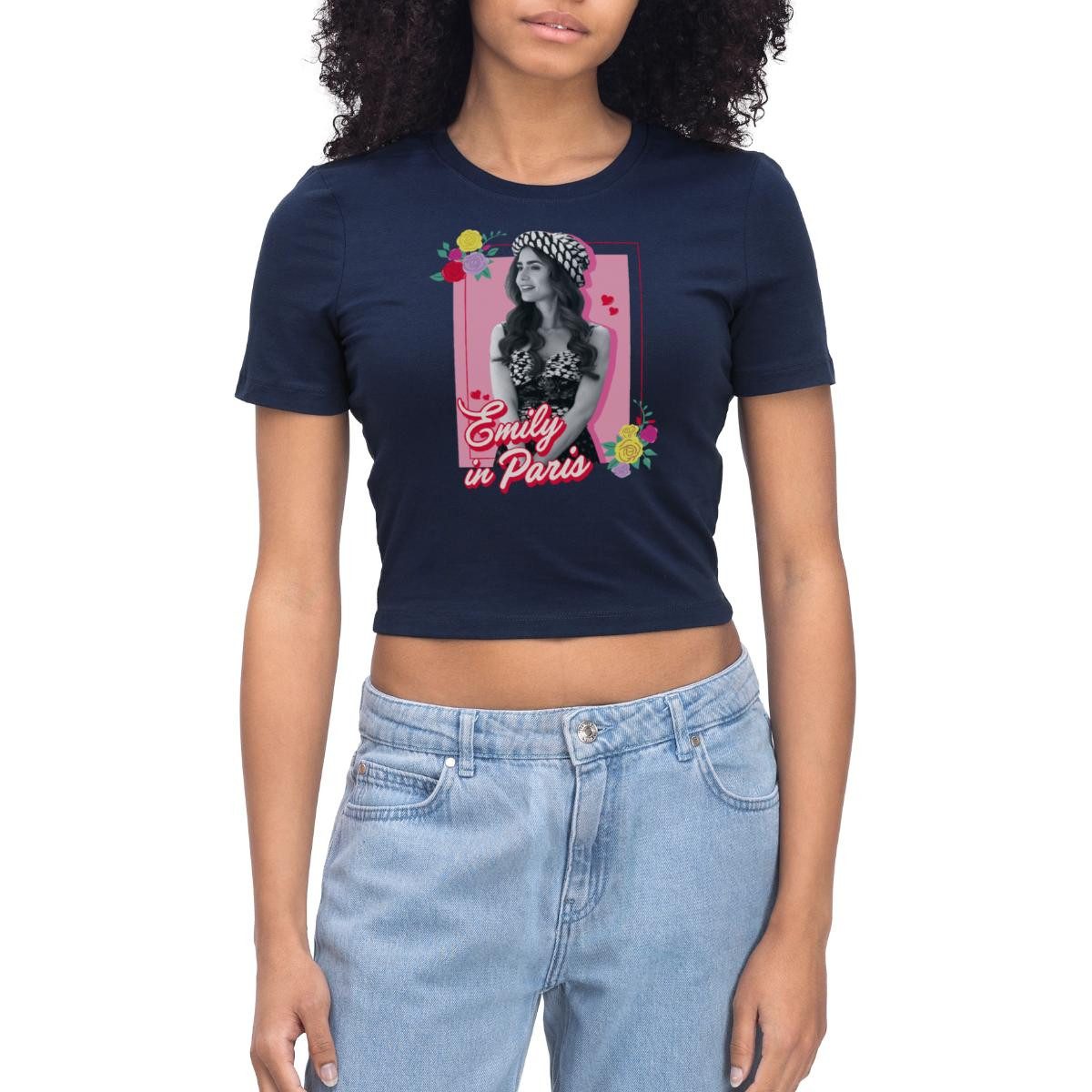 Spreadshirt T-Shirt Emily In Paris Emily Schwarz-Weiß Bild Mit Blumen Crop Top (1-tlg)