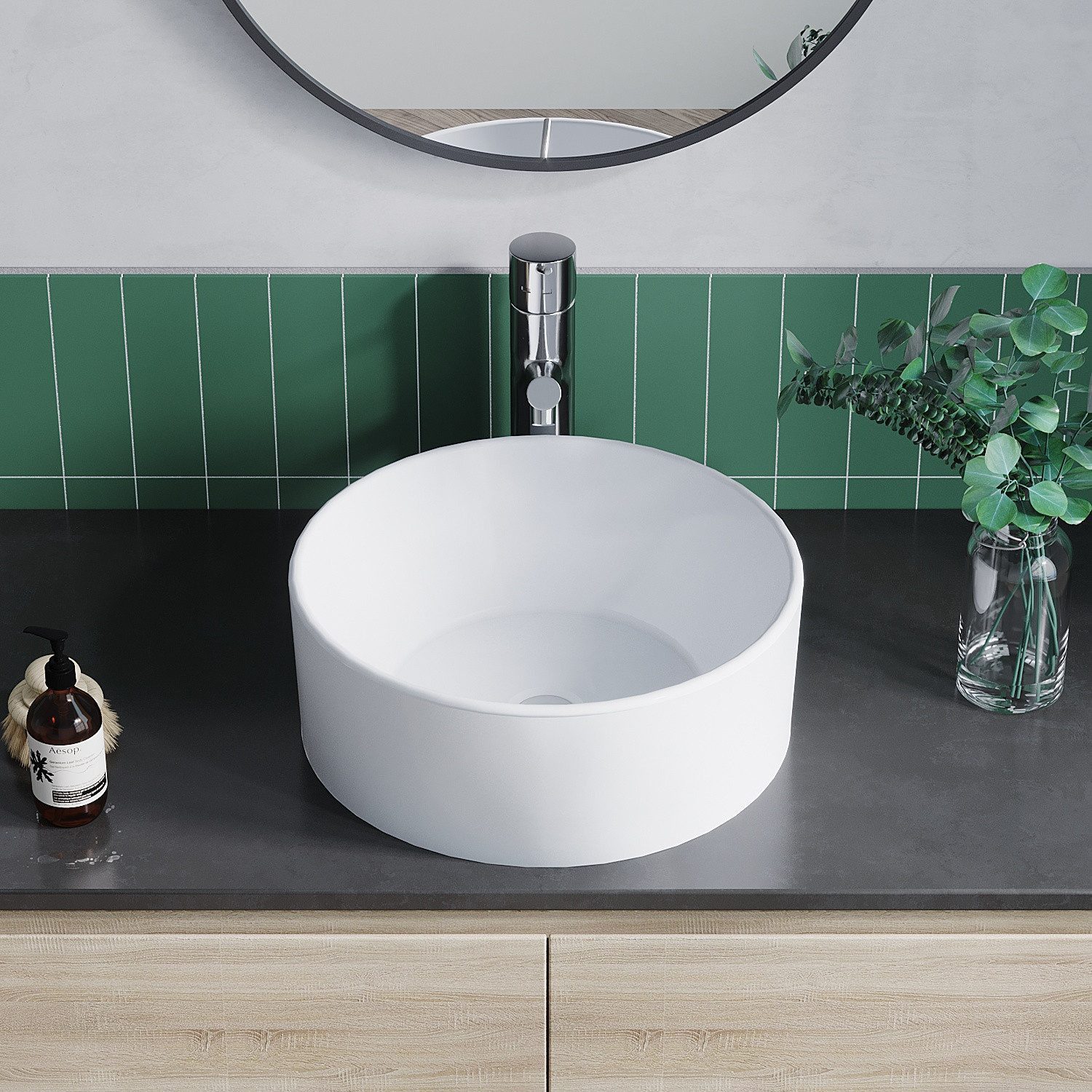 AQUALAVOS Waschbecken Waschbecken Keramik Aufsatzwaschbecken für das Badezimmer und Gäste-WC, Weiß I Modernes Design I Einfache Installation, Einfach zu säubern