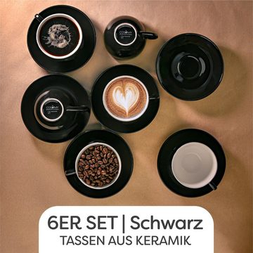 Cosumy Cappuccinotasse 6 Cappuccino Tassen Set Schwarz, Keramik, Mit Untertassen - Hält Lange warm - Spülmaschinenfest - 180ml