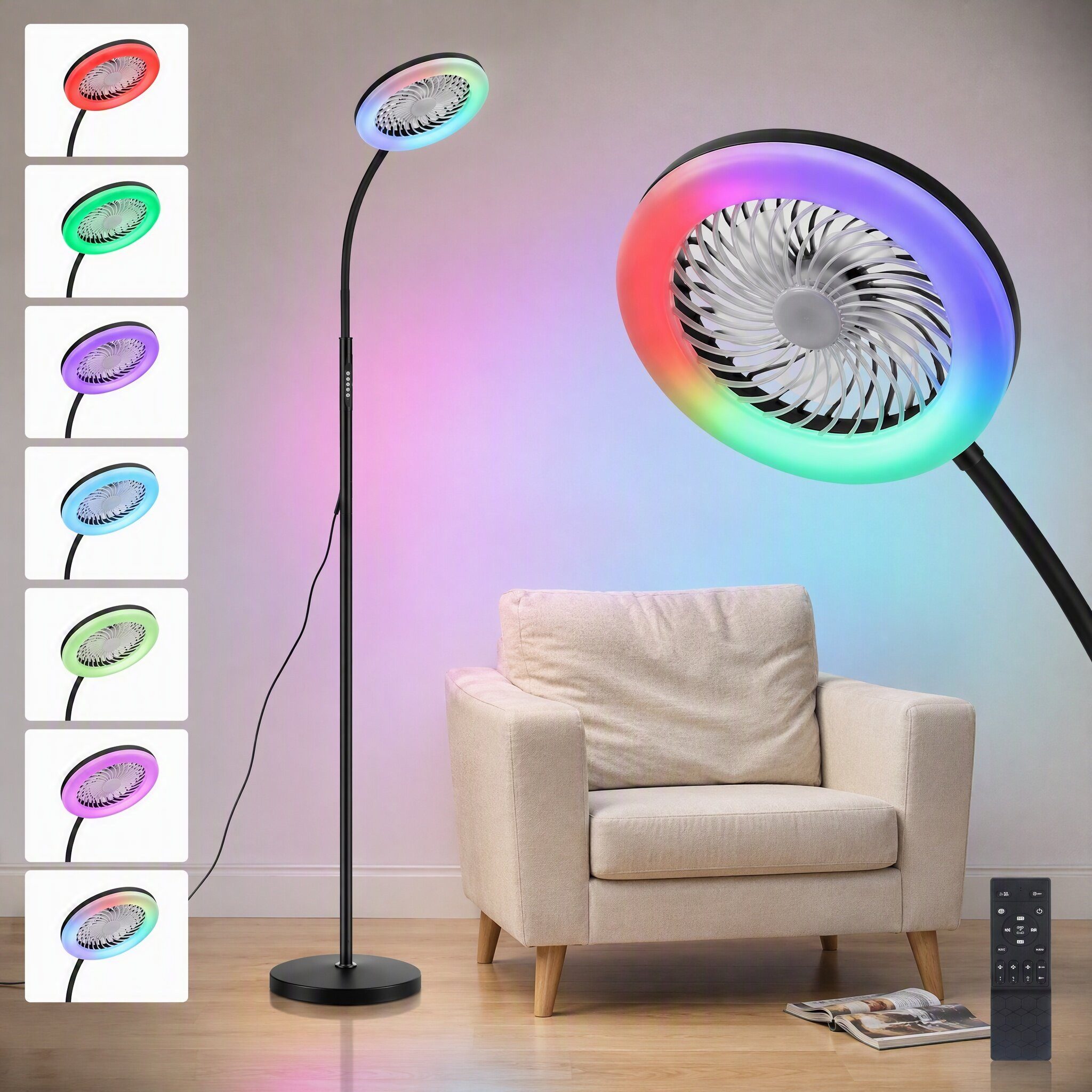 oyajia Standventilator Stehlampe mit Ventilator, 3 Windgeschwindigkeiten, RGB IC Farbwechsel, 2 in 1 RGB Stehlampe mit Ventilator, Fernbedienung, Flexibler