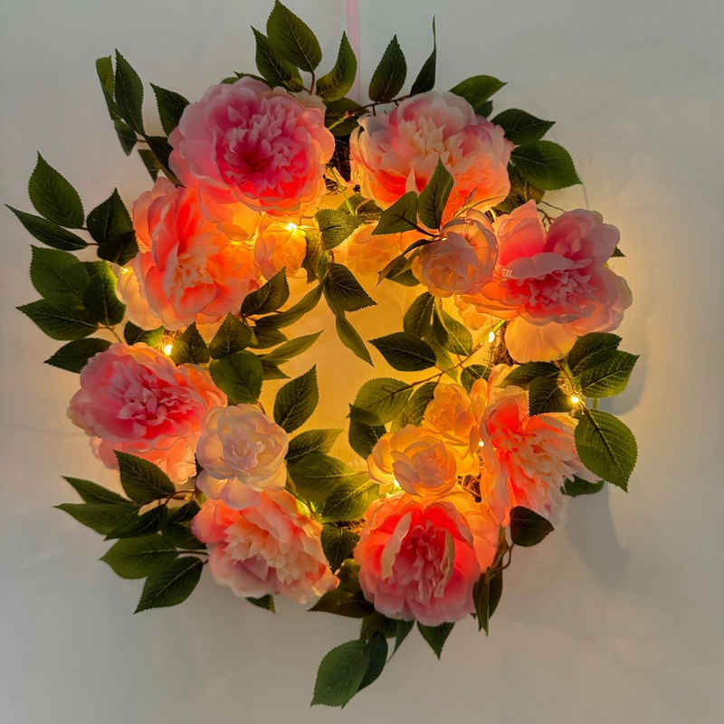 Online-Fuchs Dekokranz Türkranz Frühling mit rosa Rosen zum Hängen, mit LED Lichterkette, beleuchtet, inkl. Timerfunktion