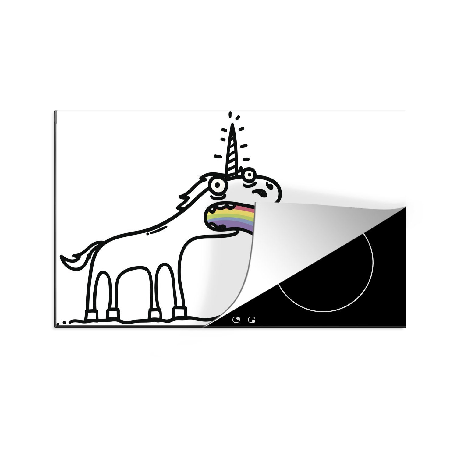 MuchoWow Herdblende-/Abdeckplatte Eine Illustration eines Einhorns, das einen Regenbogen ausspuckt -, Vinyl, (1 tlg), 83x51 cm, Ceranfeldabdeckung, Arbeitsplatte für küche