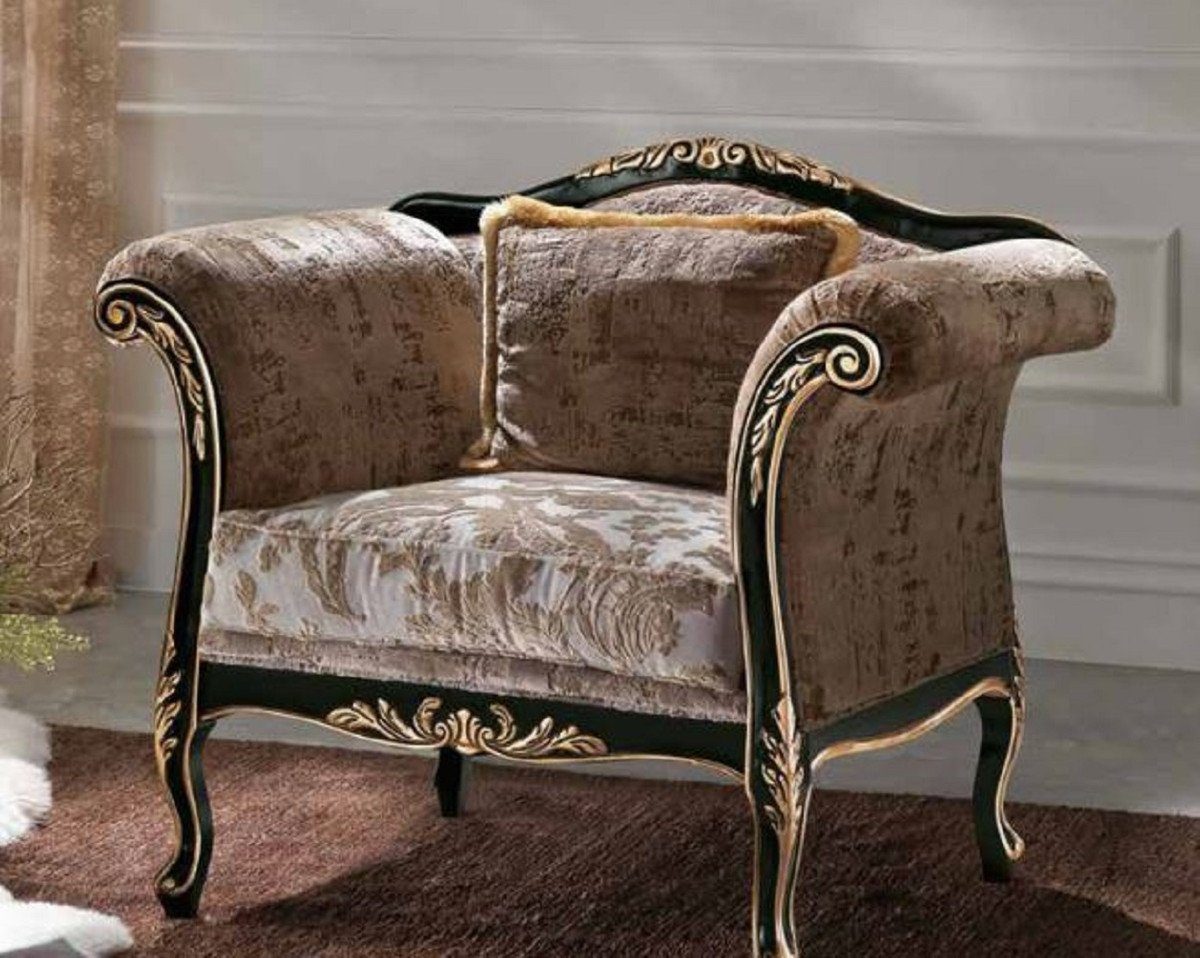 Casa Padrino Sessel Luxus Barock Sessel Braun / Grau / Schwarz / Gold - Barockstil Wohnzimmer Sessel mit elegantem Muster - Barock Möbel - Barock Wohnzimmer & Hotel Möbel - Luxus Qualität - Made in Italy