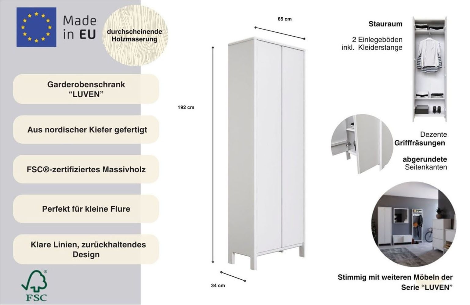 OTTO home Garderobenschrank Luven, Dielenschrank, Kleiderschrank, Schrank FSC®-zertifiziertes Massivholz, Höhe 192 cm