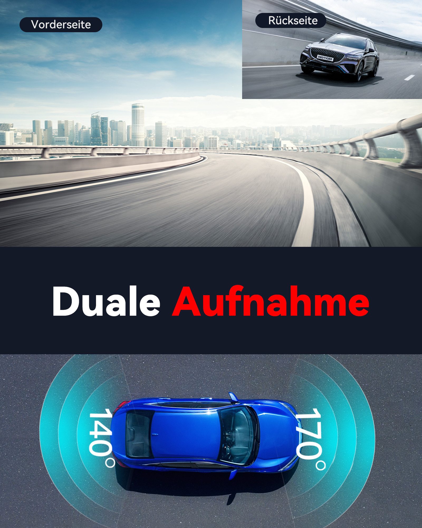 REDTIGER Duale Aufnahme Nachtsicht 170° Weitwinkel Auto Dashcam (Vorne 4K UHD, Hinten 1080p, WLAN (Wi-Fi), GPS,WiFi,24-Stunden-Parkmonitor)