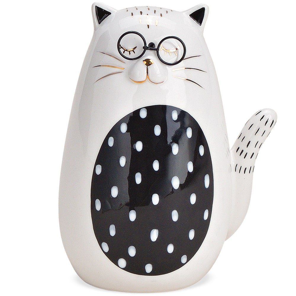 matches21 HOME & HOBBY Dekofigur Katze mit Brille Keramikkatze Keramik weiß schwarz 12 cm (1 St)