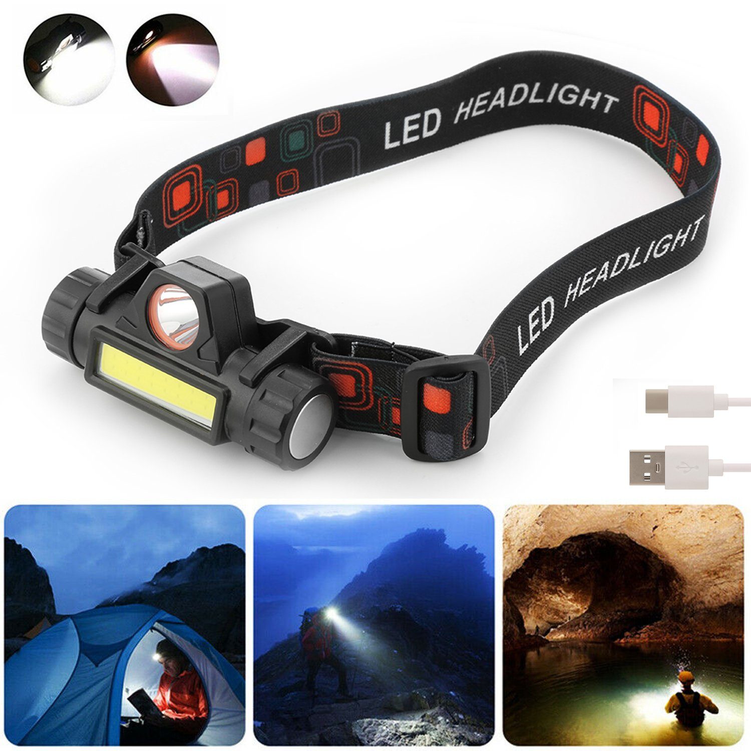 WILGOON LED Stirnlampe LED Stirnlampe USB Wiederaufladbar Kopflampe IPX4  Wasserdicht, für Kinder Erwachsene, Superhell Headlight für Angeln Laufen