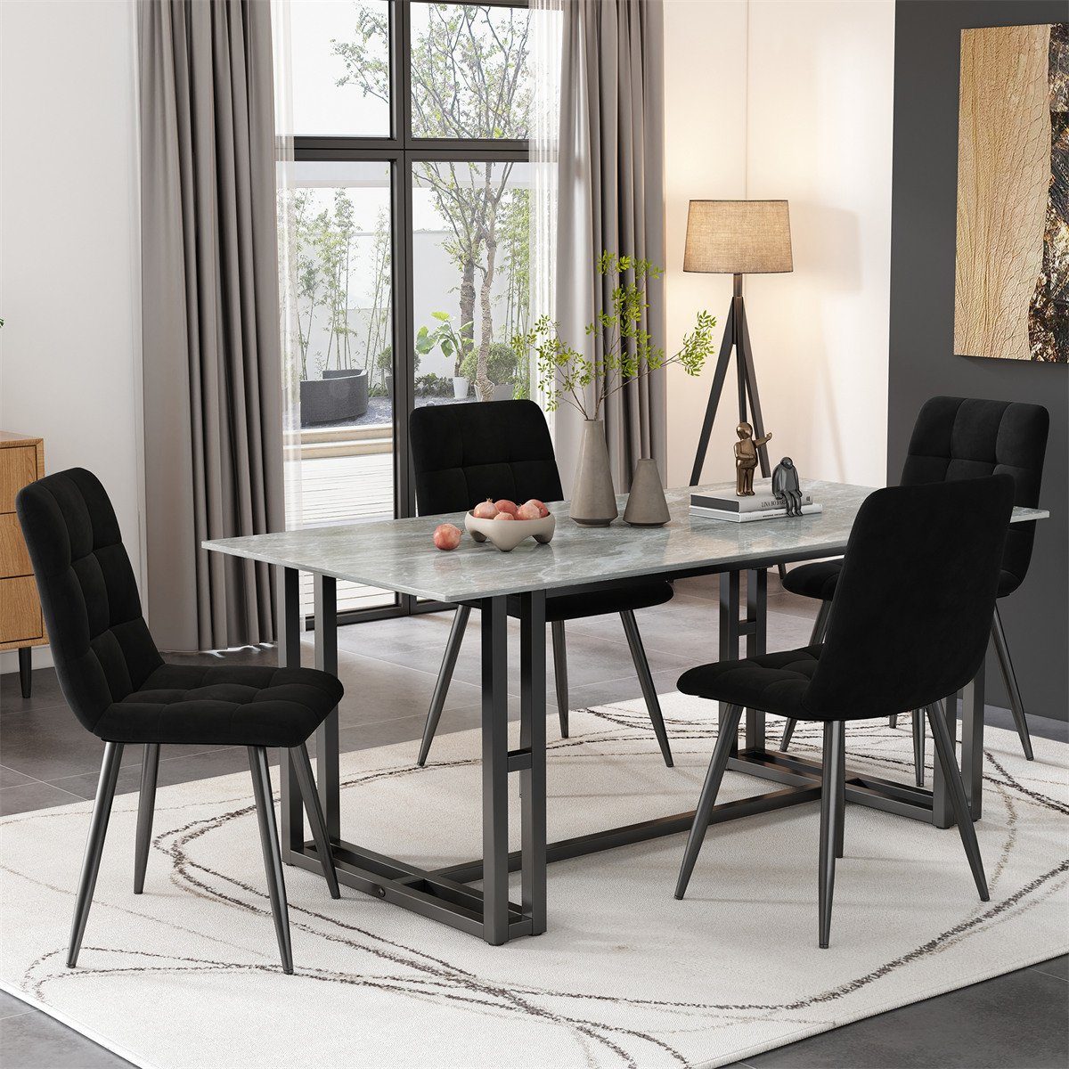 XDeer Esszimmerstuhl 4er Set Esszimmerstühle,Polsterstuhl Küchenstuhl mit Rückenlehne, Sitzfläche aus Samt Gestell aus Metall,Leicht zu montieren Schwarz