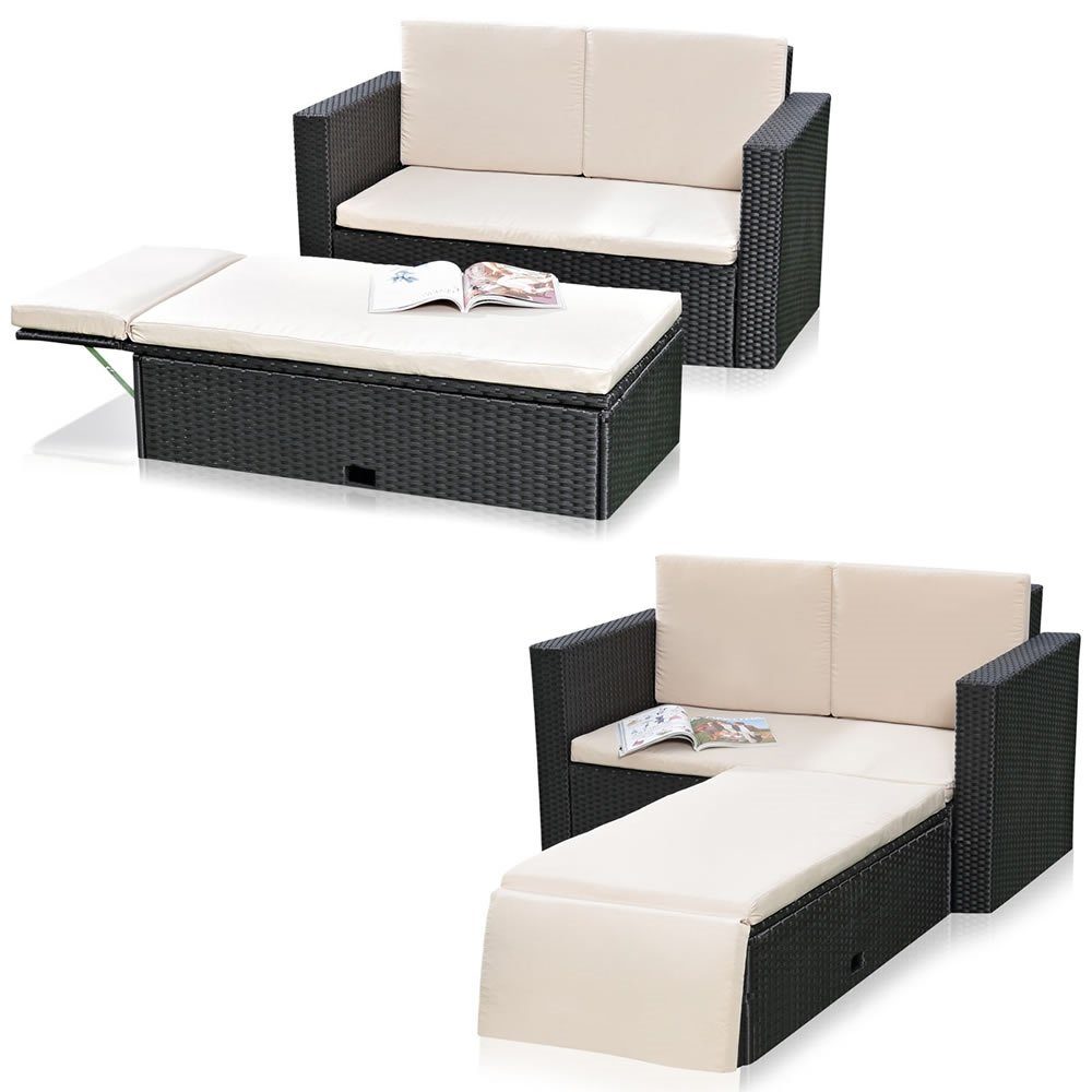 Feel2Home Garten-Essgruppe Gartensofa Fußbank Lounge Polyrattan Outdoor Garnitur versch. Farben, (Set, Sofa & Ottomane), Kissen inkl. Reißverschluss daher abnehm- und waschbar